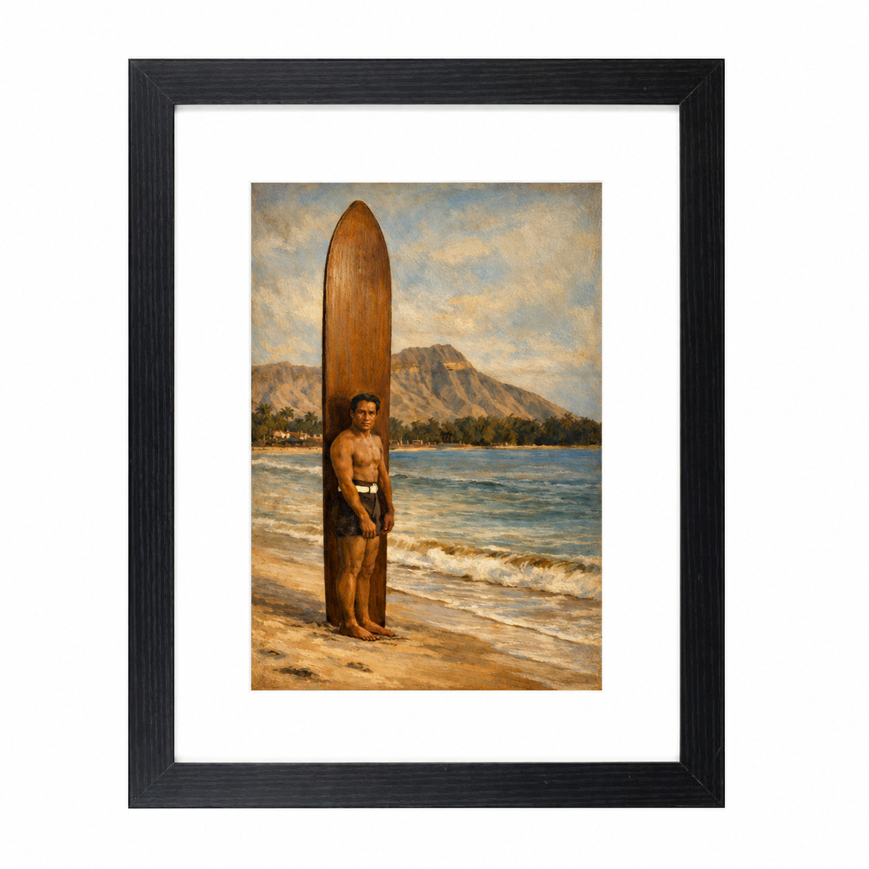 Hawaiian Surfer & Swimmer Duke Kahanamoku Matted & Framed Painting Art Print