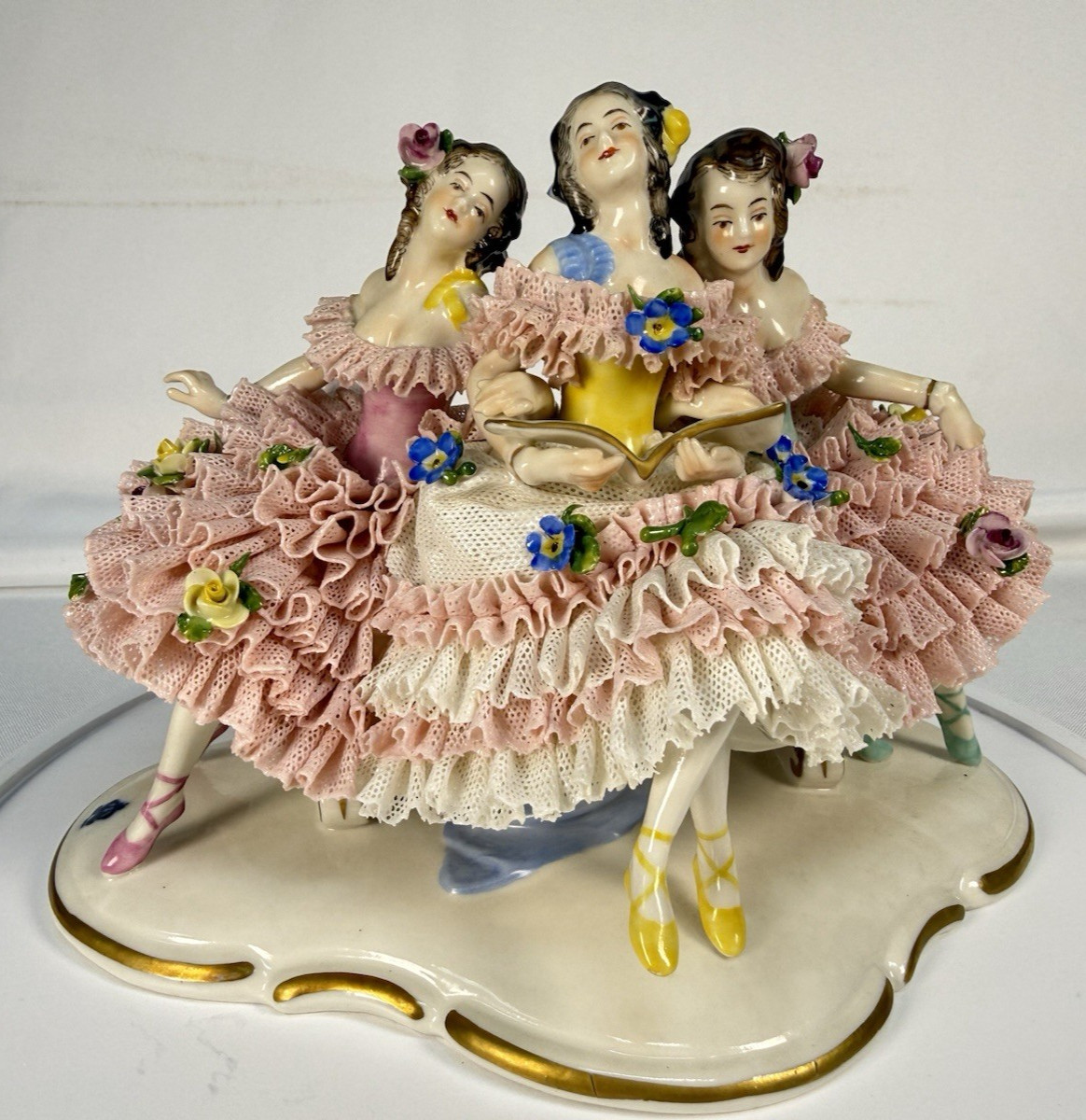 Anton Muller Volkstedt Dresden Lace Figurine Three Ballerinas Seated V2012 Antiq Anton Muller Volkstedt Dresden Lace Figurine Three Ballerinas Seated V2012 Antiq