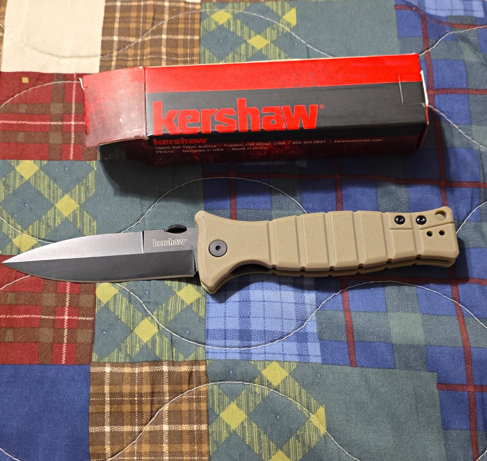 Kershaw XCOM 3425TN Tan Handle SS Combo Drop Point Manual Liner Clip