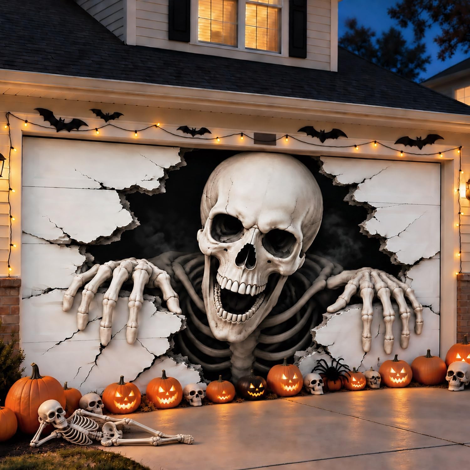 7 x 16 ft Halloween Garage Door Cover, 3D Skeleton Breaking Through Door Hall...