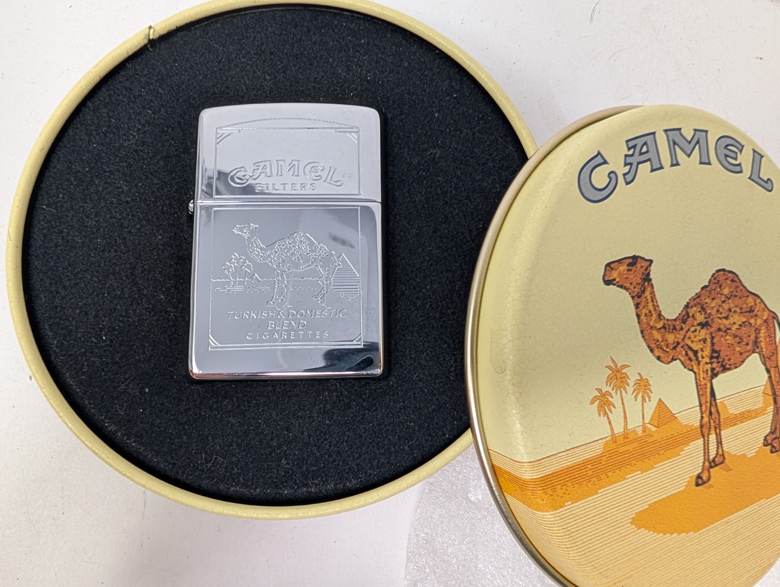 Zippo Camel Cigarettes Lighter 1994 RJRTC Chrome Embossed Camel Tin Vintage