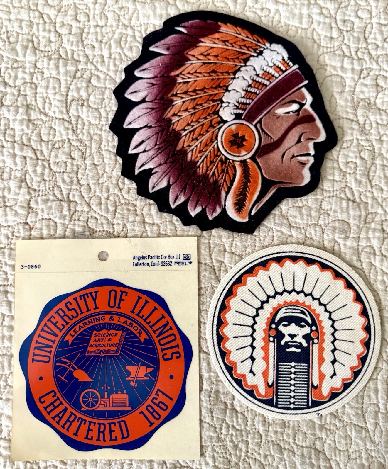 Vtg Lot Of 3 University Of Illinois Indian Chief Felt Patch Canvas Decal U Of I
