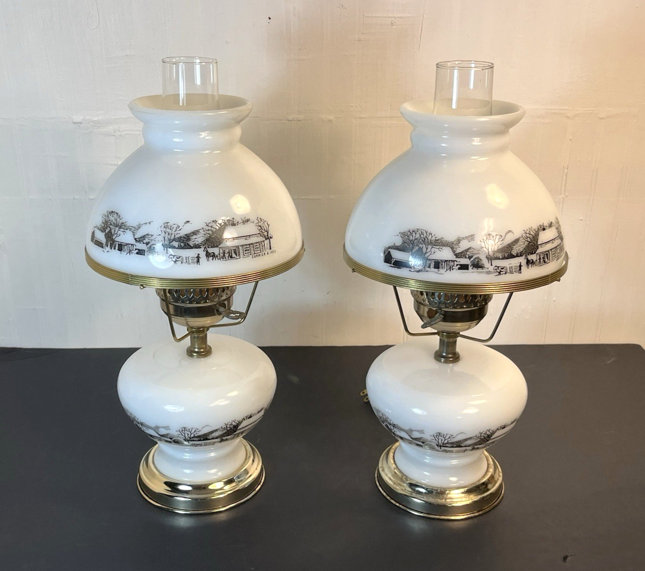 Pair Vintage Currier & lves Milk Glass Hurricane Table Lamps Farm Scene 16