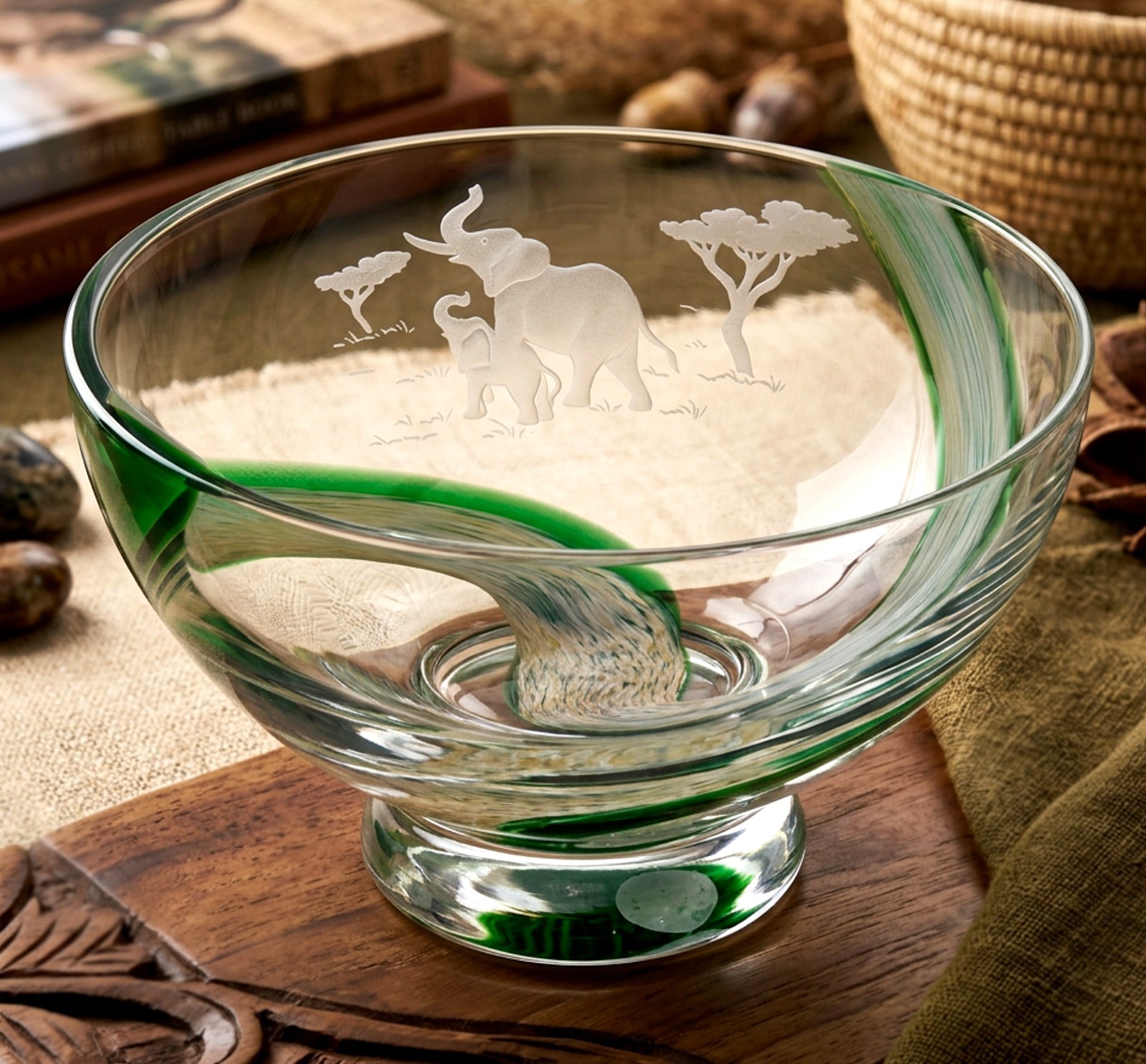 Lenox Crystal Centerpiece Bowl Etched Frosted Elephants Pride Green Scotland Vtg Lenox Crystal Centerpiece Bowl Etched Frosted Elephants Pride Green Scotland Vtg