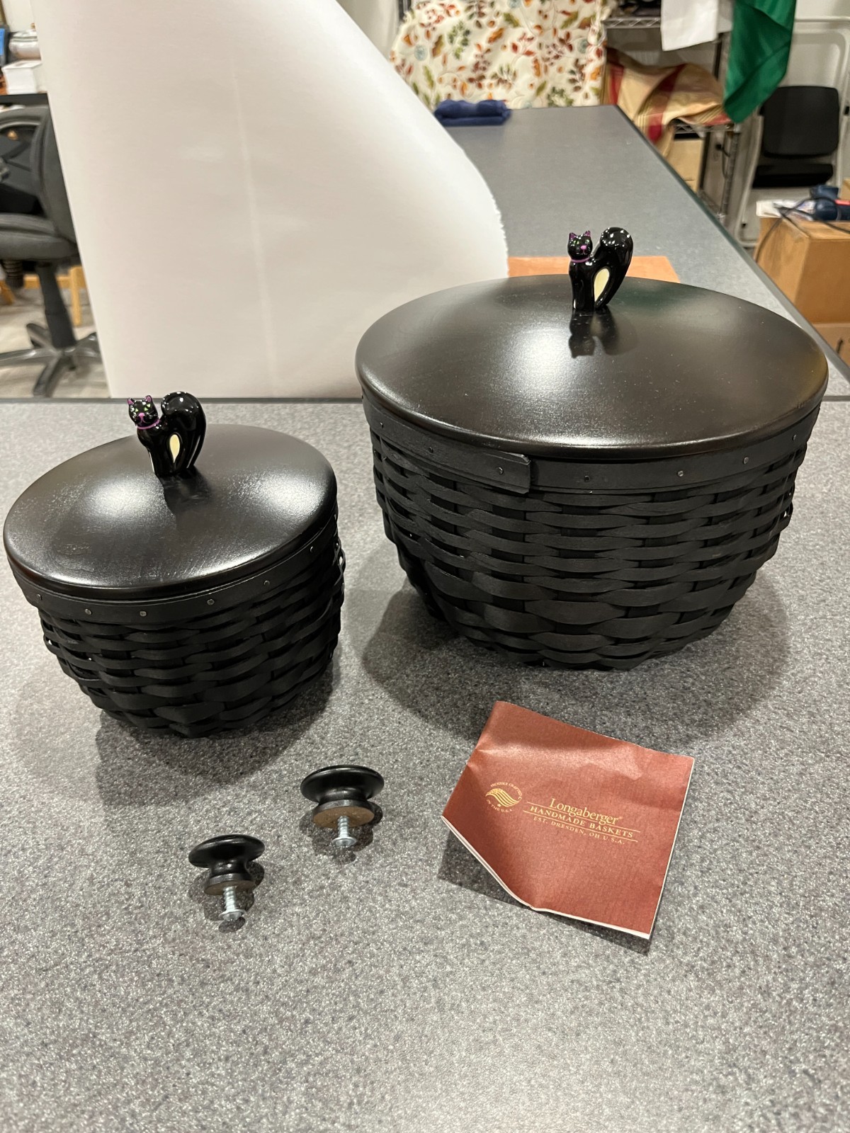 Longaberger Cauldron Basket Set Black Cat Topper Know Lot x2 Charity DS51