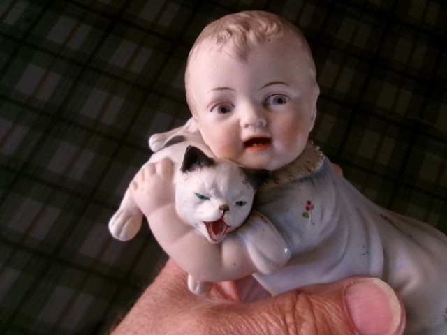 Antique Gebruder Heubach German Bisque Piano Baby w/ Cat 9 1/2” Unmarked