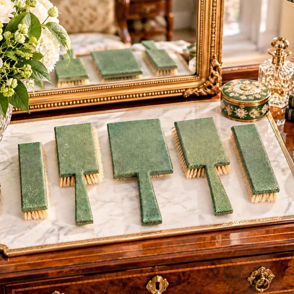 Art Deco Antique Shagreen Dresser Set 5-Piece Vanity Grooming Brush Set 