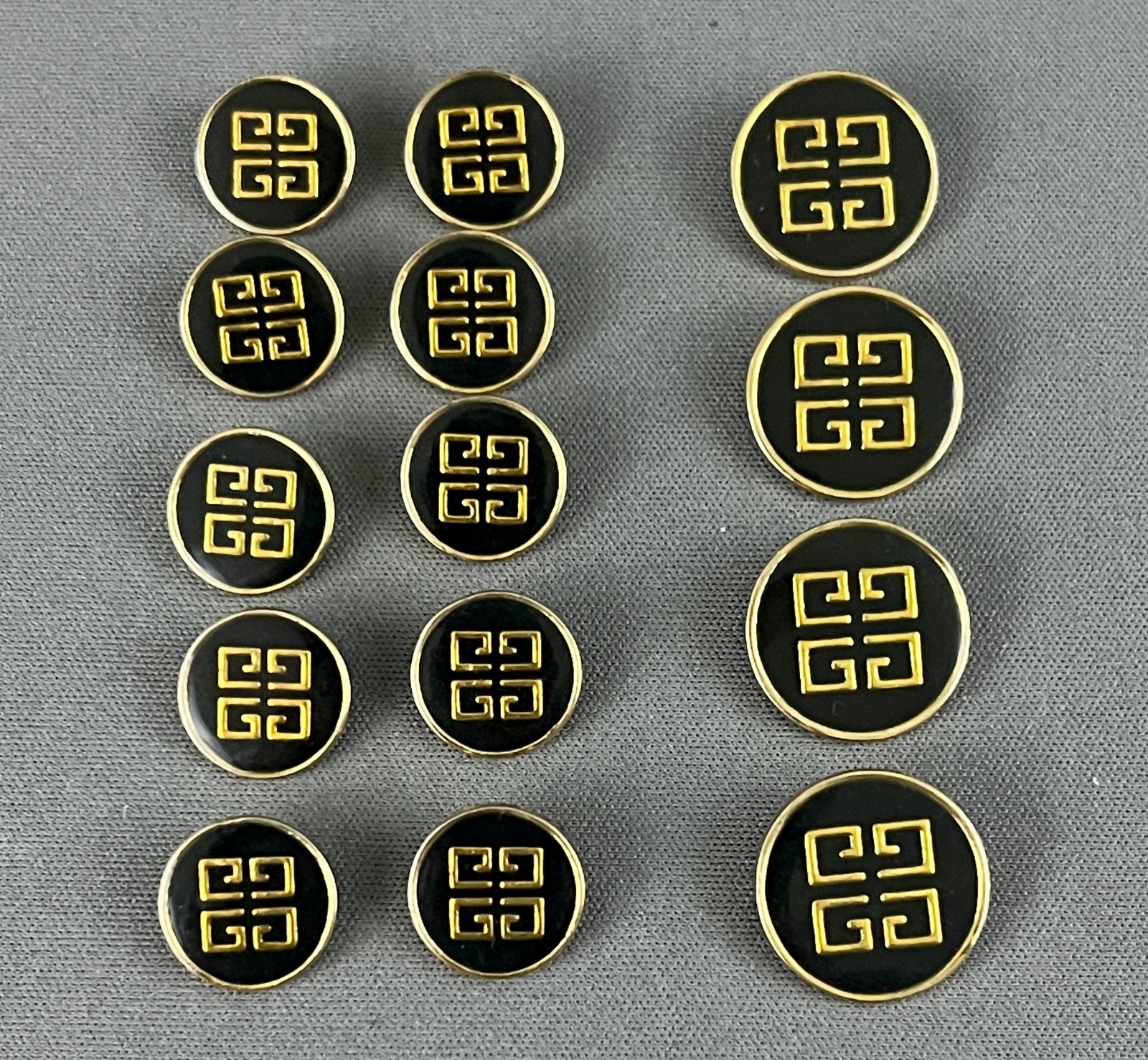 NOS Givenchy Buttons Black Enamel on Gold Metal 10 of 5/8 in & 4 of 3/4 in