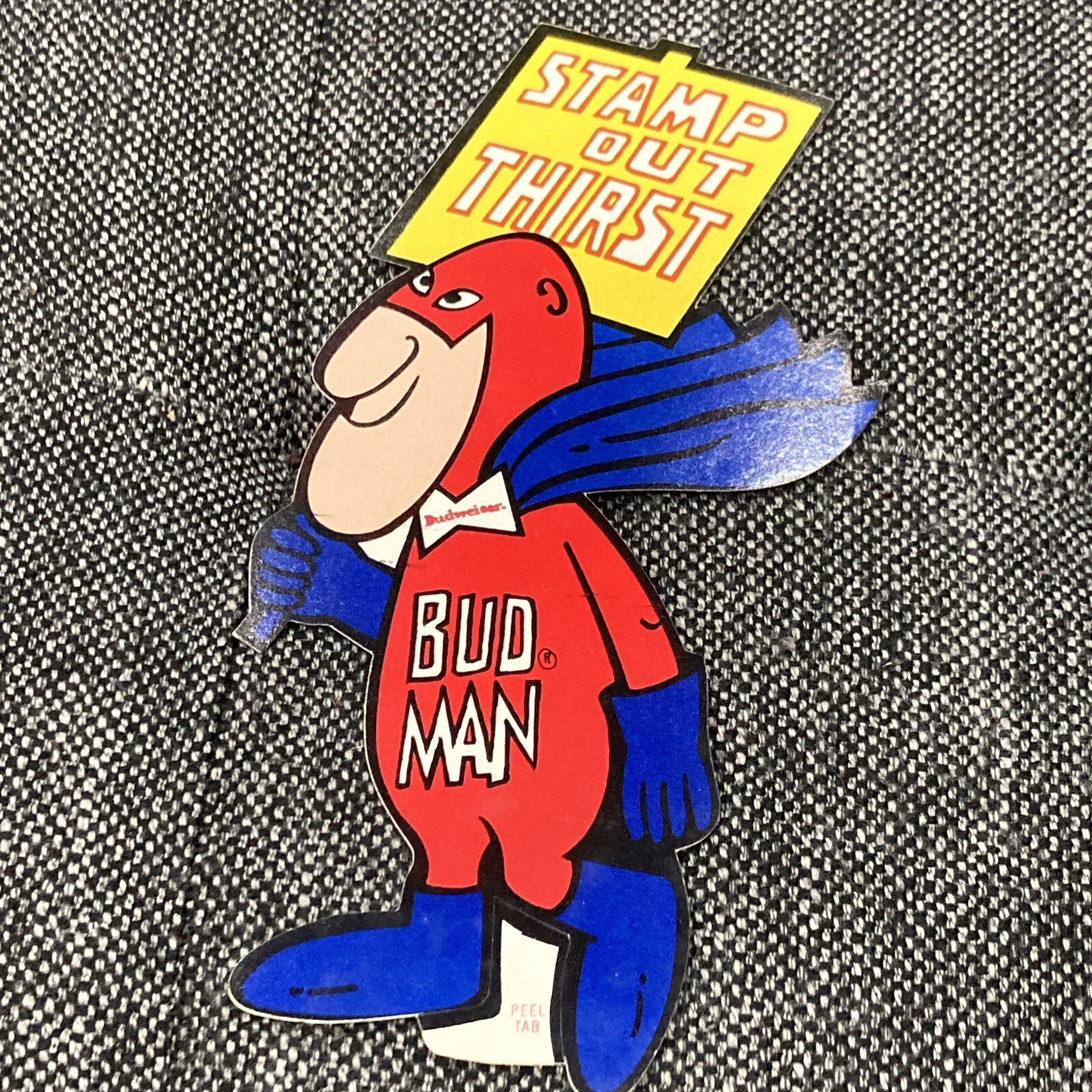 VTG NEW BUD MAN Budweiser Sign Sticker Decal Cape 70s NOS AUTHENTIC Stamp Thirst VTG NEW BUD MAN Budweiser Sign Sticker Decal Cape 70s NOS AUTHENTIC Stamp Thirst
