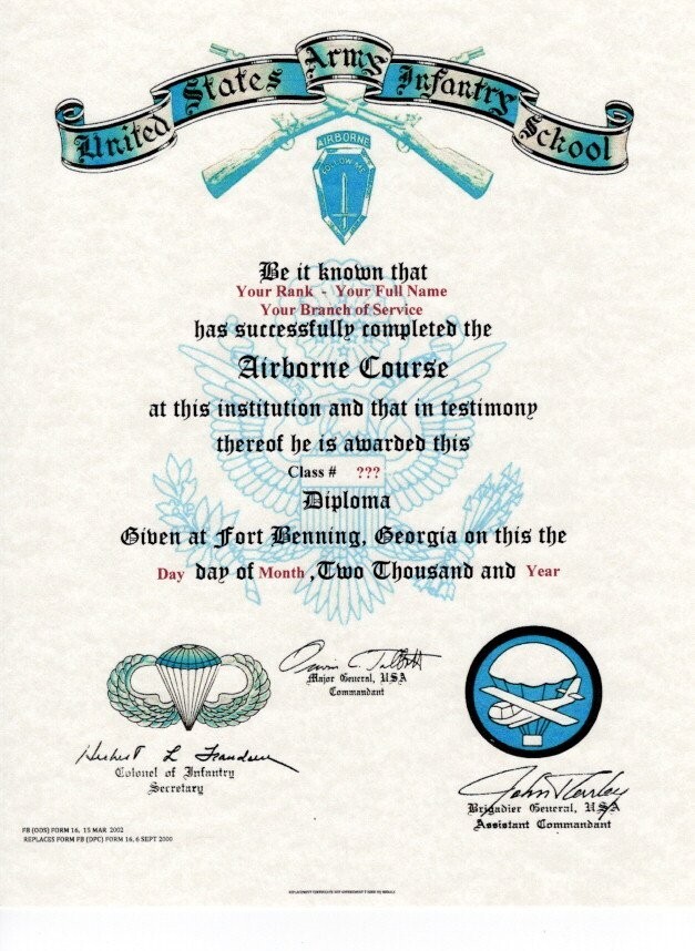 United States Army Airborne Jump School Course School Replacement Certificate United States Army Airborne Jump School Course School Replacement Certificate
