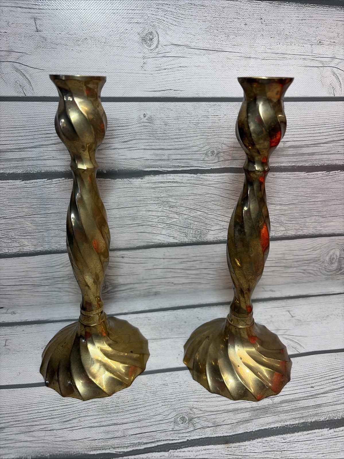 Vintage pair spiral Brass candelestick holders 10” Tall India Vintage pair spiral Brass candelestick holders 10” Tall India