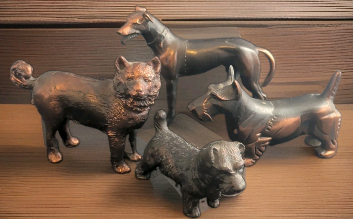 4 Dog Statues Bronze Gilded Cast Metal Dog Paperweights Antique Dog Lovers Lot