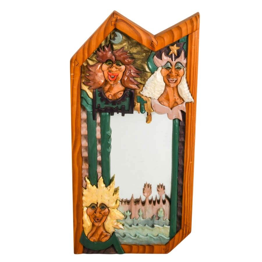 Signed R.A. Pitz Hand-Carved Whimsical Wood Wall Mirror Signed R.A. Pitz Hand-Carved Whimsical Wood Wall Mirror