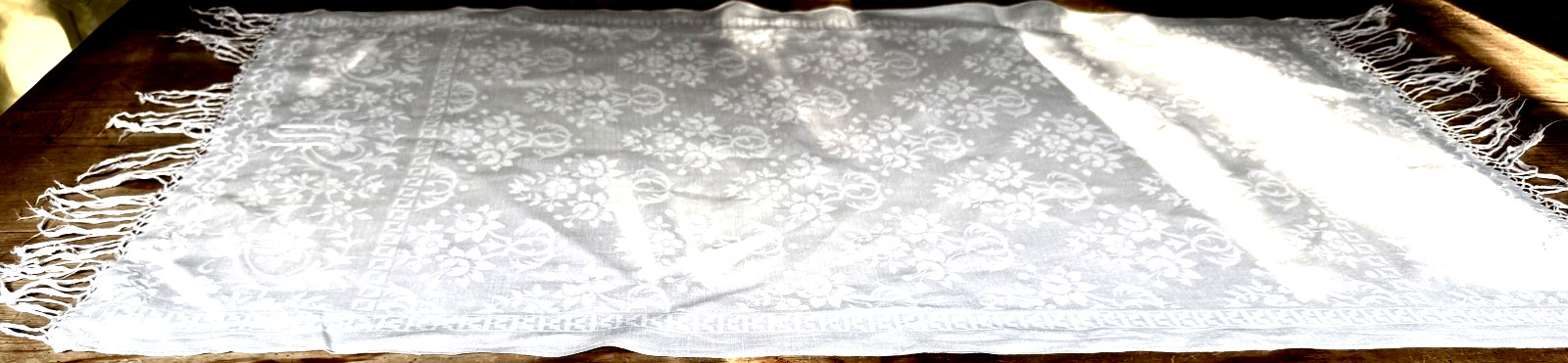 Antique Handwoven French Damask Table Runner with Antique Handwoven French Damask Table Runner with