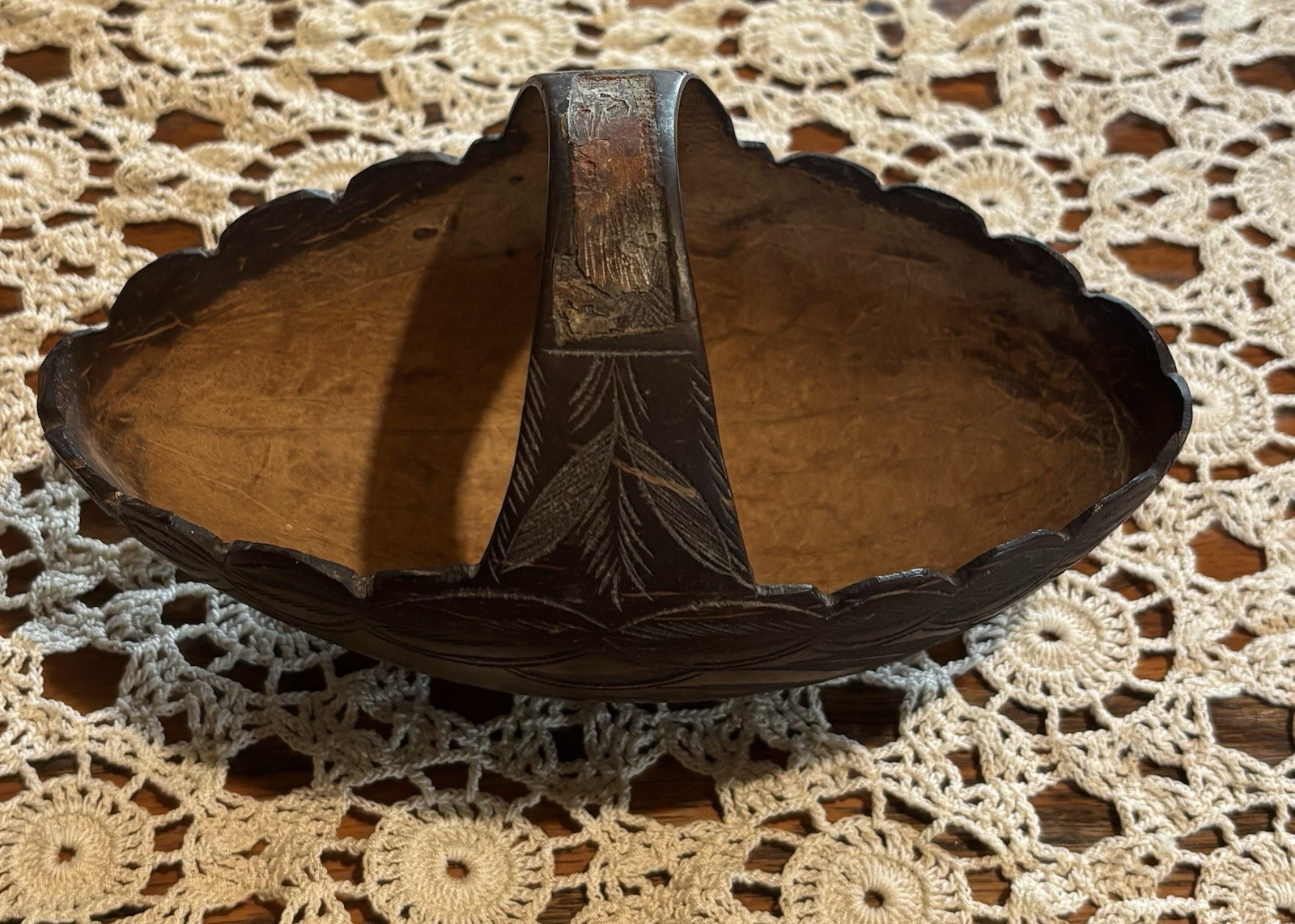 Antique Basket Handcarved Coconut 