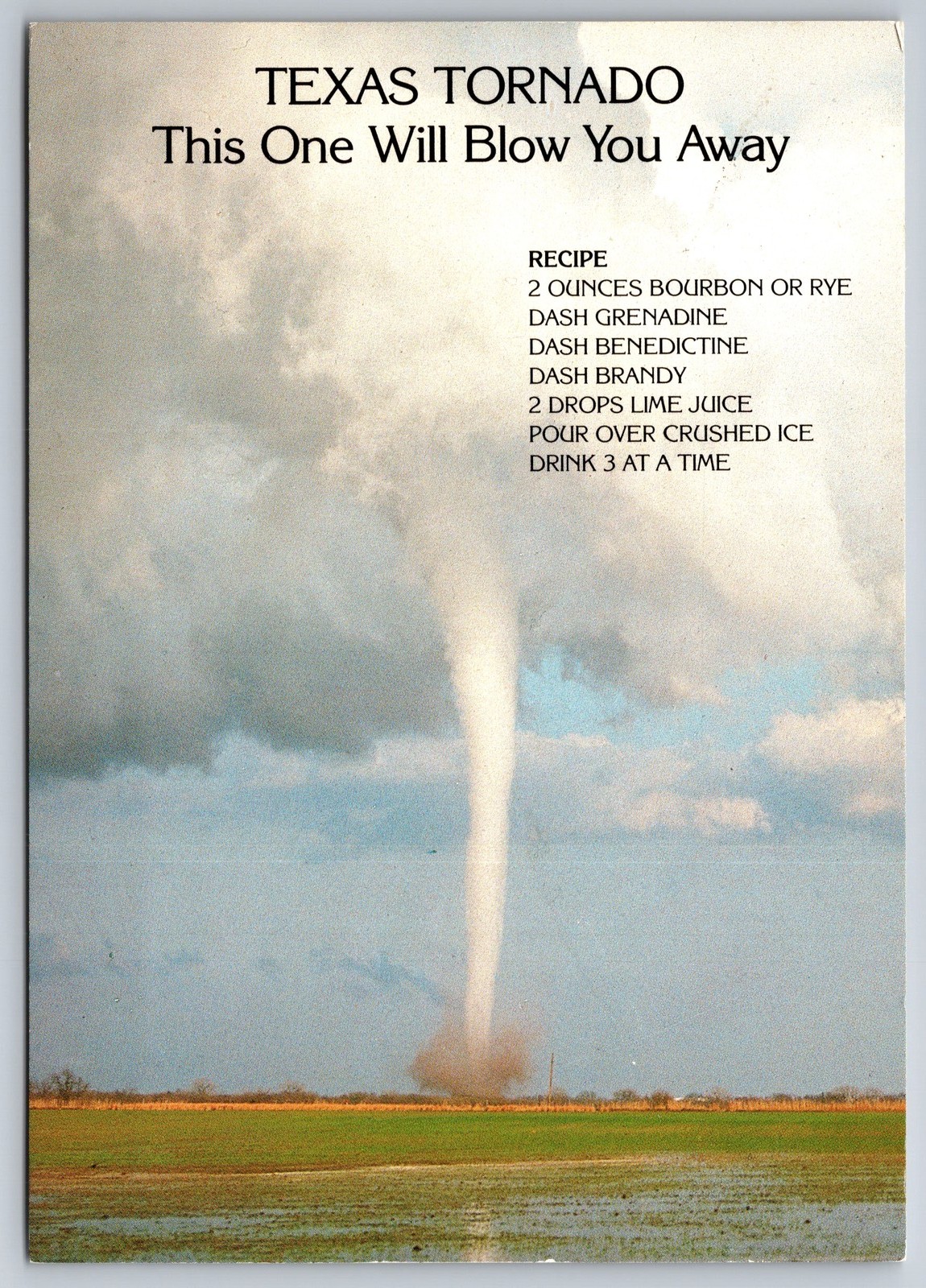 Postcard Texas Tornado Drink Recipe Cocktail Bourbon Funnel Cloud Weather Postcard Texas Tornado Drink Recipe Cocktail Bourbon Funnel Cloud Weather