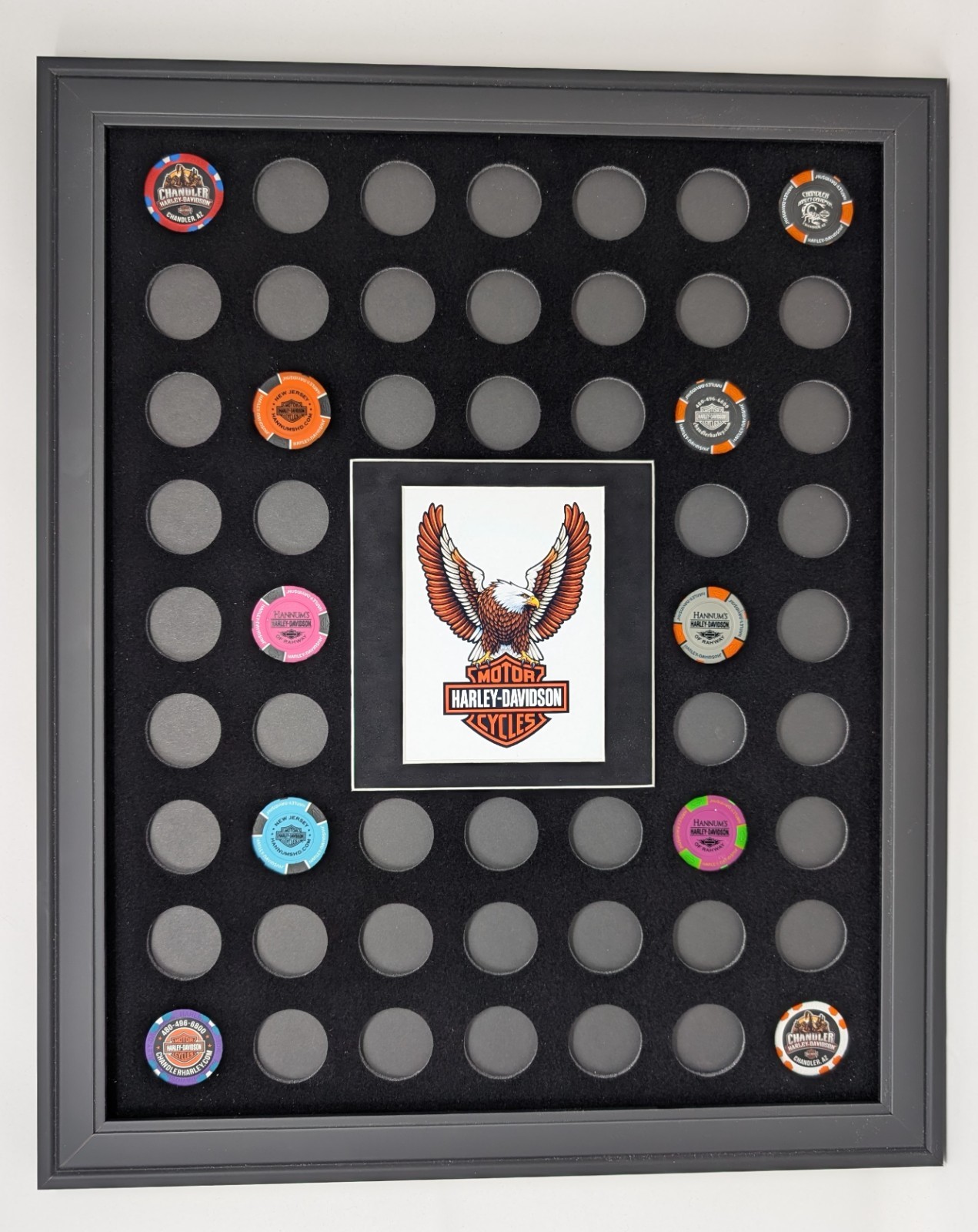 54 HARLEY DAVISON POKER CHIPS (NOT INCLUDED) WALL DISPLAY PICTURE FRAME 54 HARLEY DAVISON POKER CHIPS (NOT INCLUDED) WALL DISPLAY PICTURE FRAME