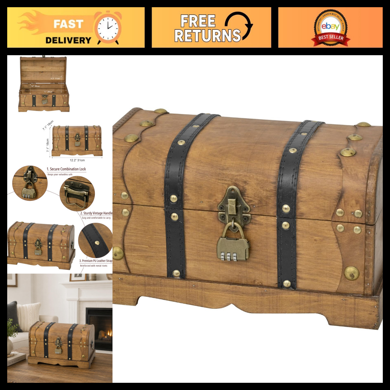 Vintage Wooden Treasure Chest Decorative Box with Lock - 12\ Vintage Wooden Treasure Chest Decorative Box with Lock - 12\