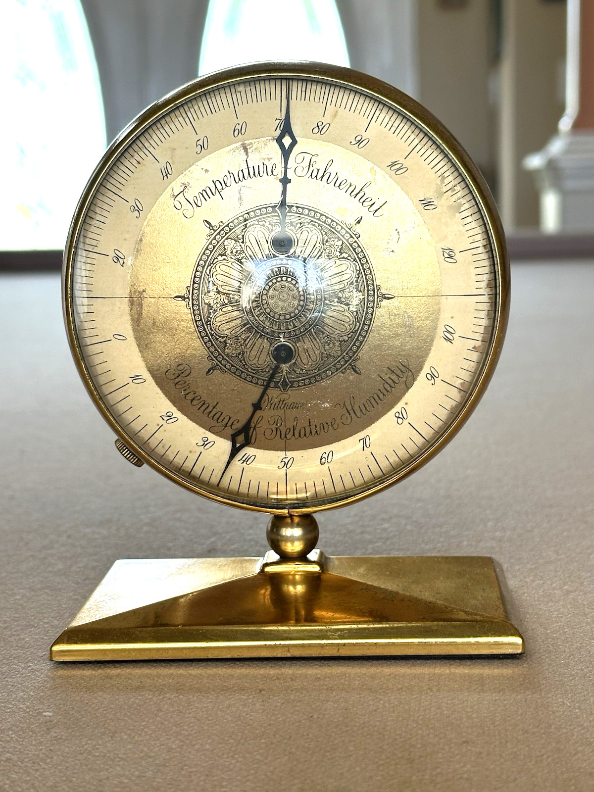 VINTAGE LONGINES WITTNAUER BRASS BAROMETER WEATHER TEMPERATURE DESK THERMOMETER