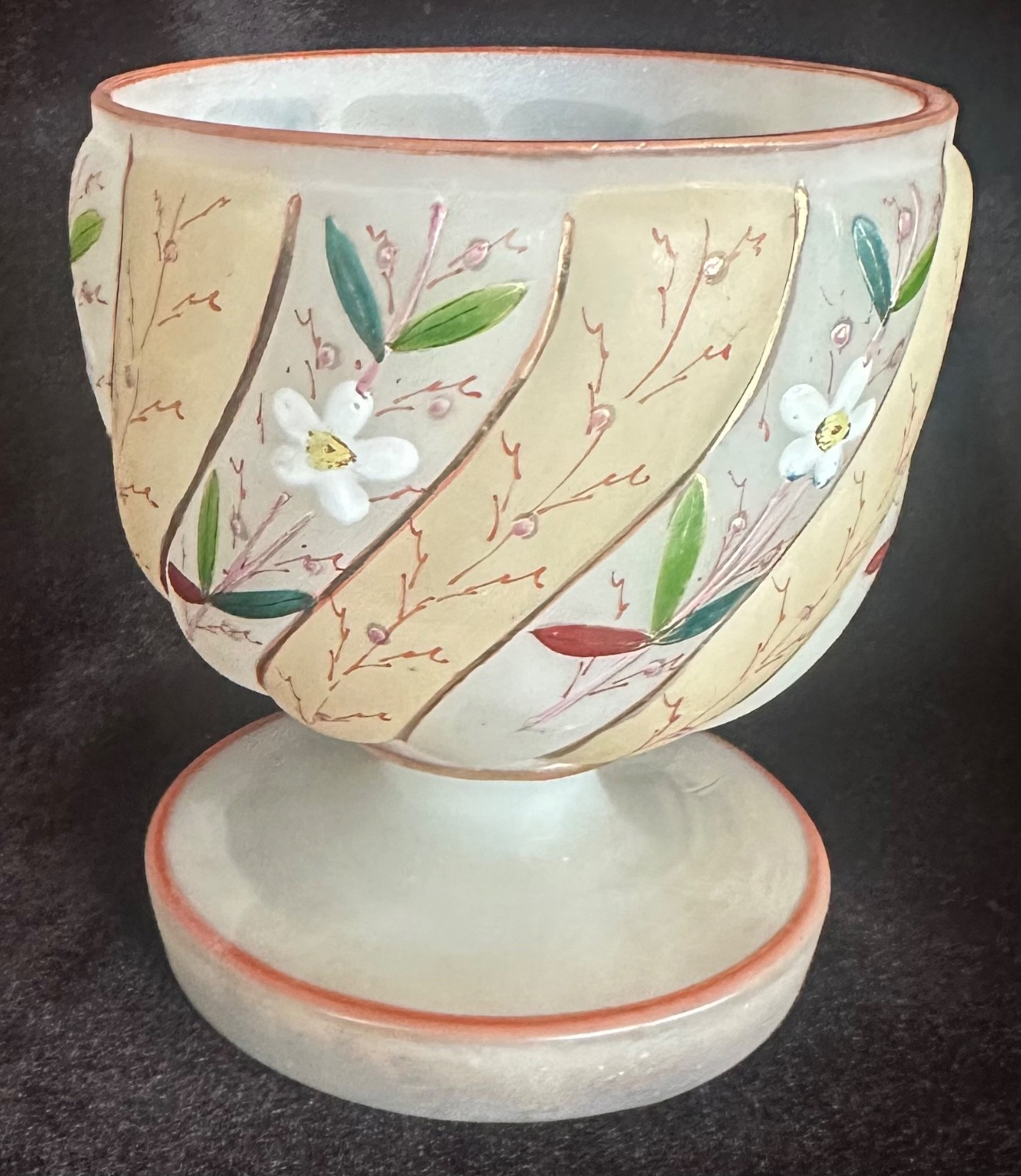 Vintage French Art Nouveau cameo and enameled glass footed bowl or small vase