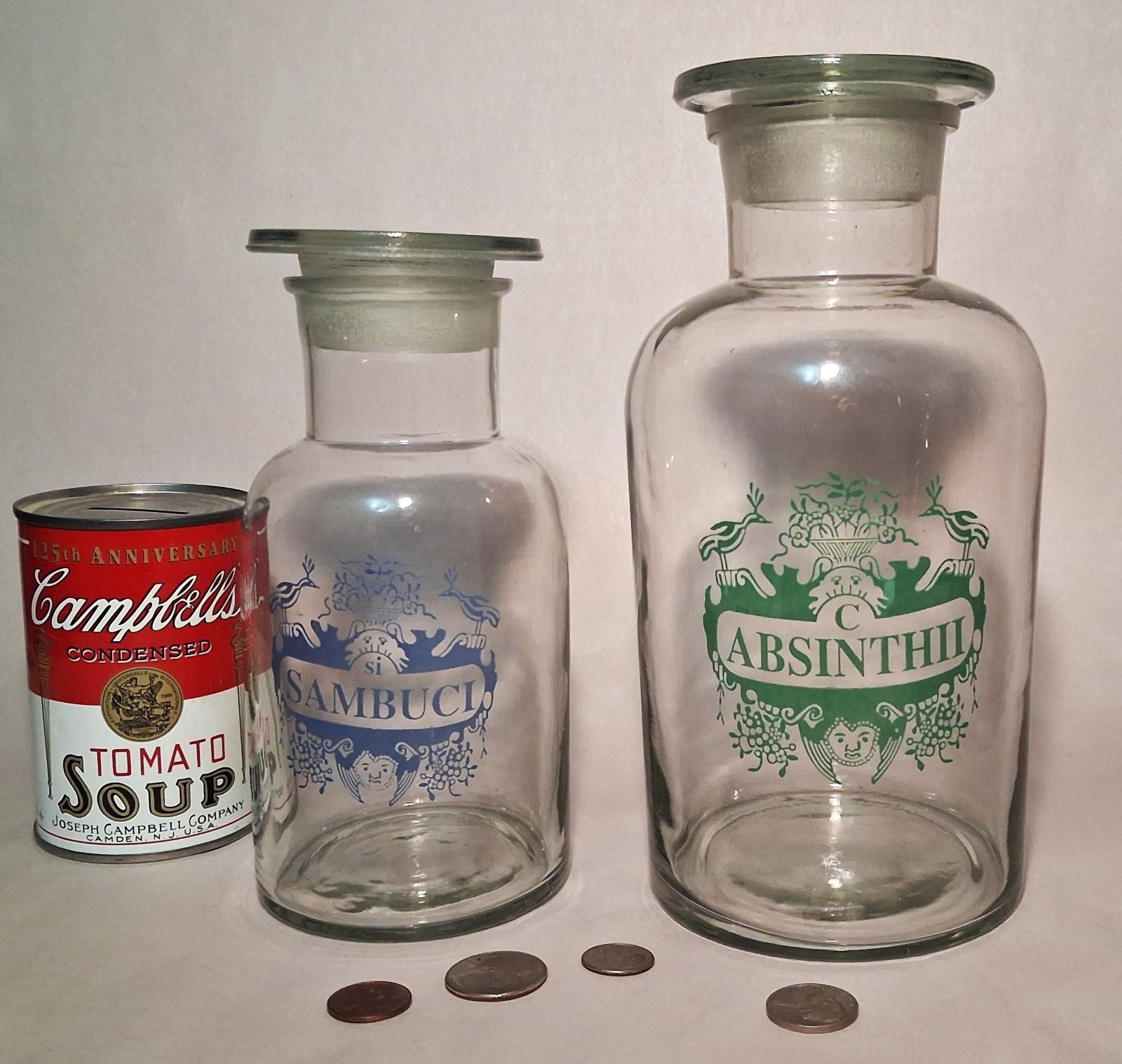 2 APOTHECARY JAR vtg glass italian french pharmacy absinthe drug doctor canister