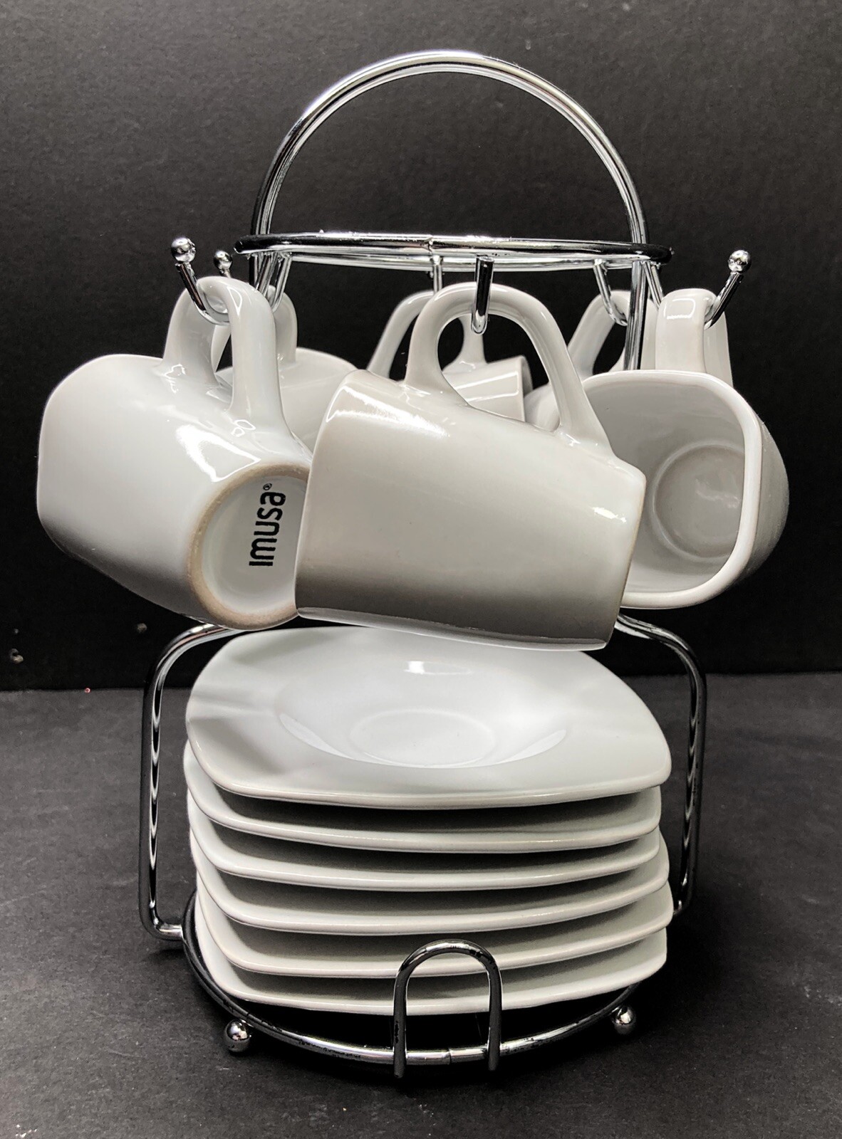 Imusa Espresso Coffee Set Of 6 White Cups & 6 Saucers with Chrome Caddy Stand Imusa Espresso Coffee Set Of 6 White Cups & 6 Saucers with Chrome Caddy Stand