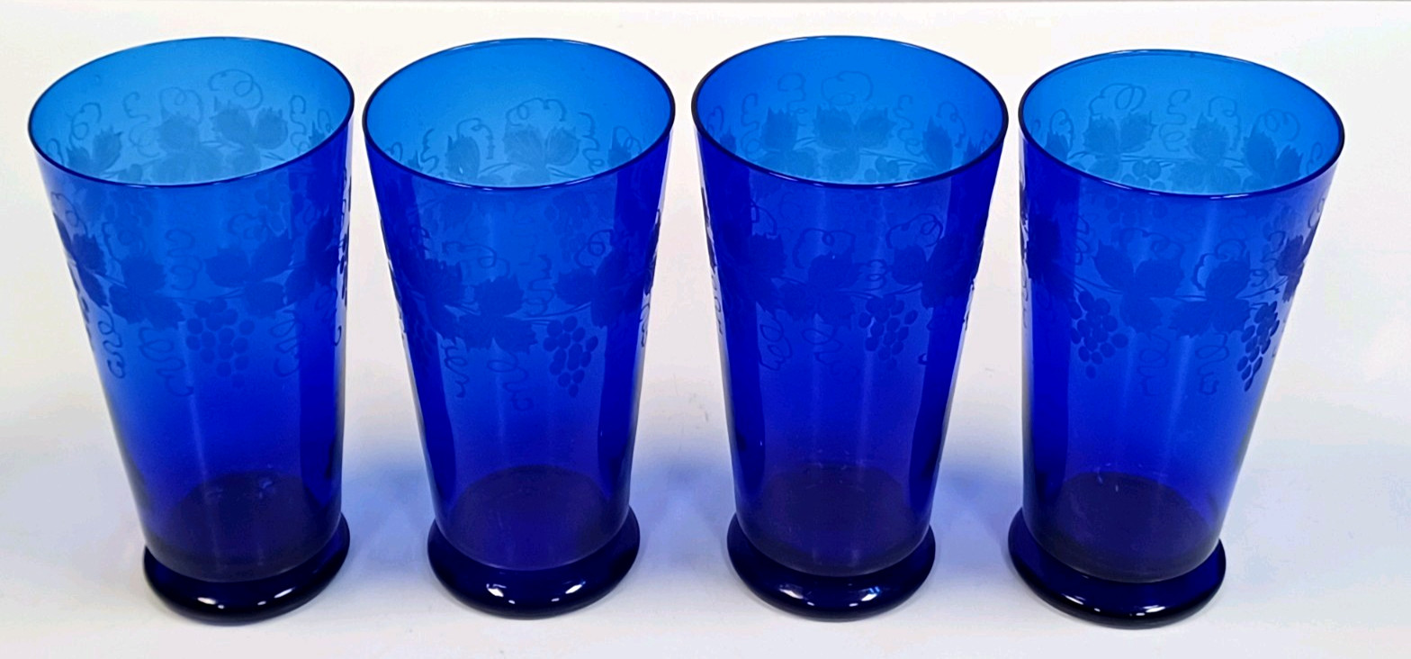Vtg Cobalt Blue (4) Etched Tumblers Drinking Glasses 5 3/4\