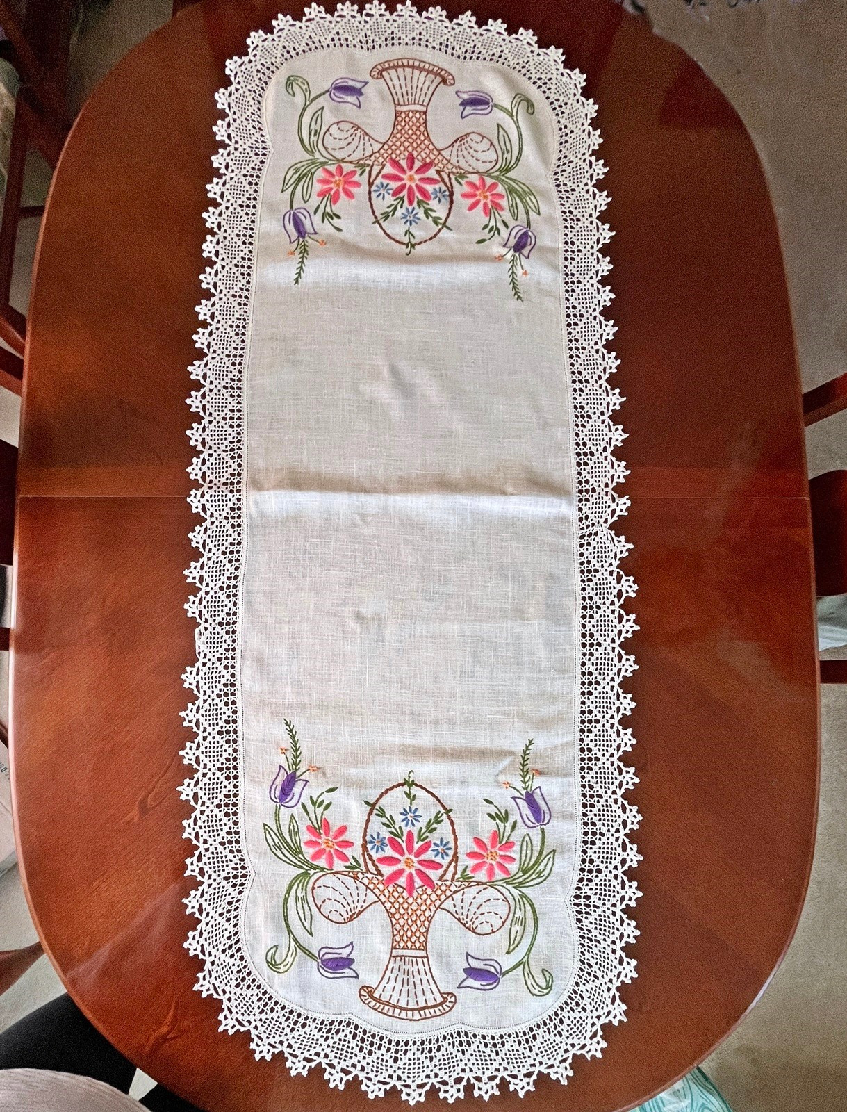 Large Vtg Hand Embroidered Table Runner/Scarf Floral Nouveau Crochet Lace Mint