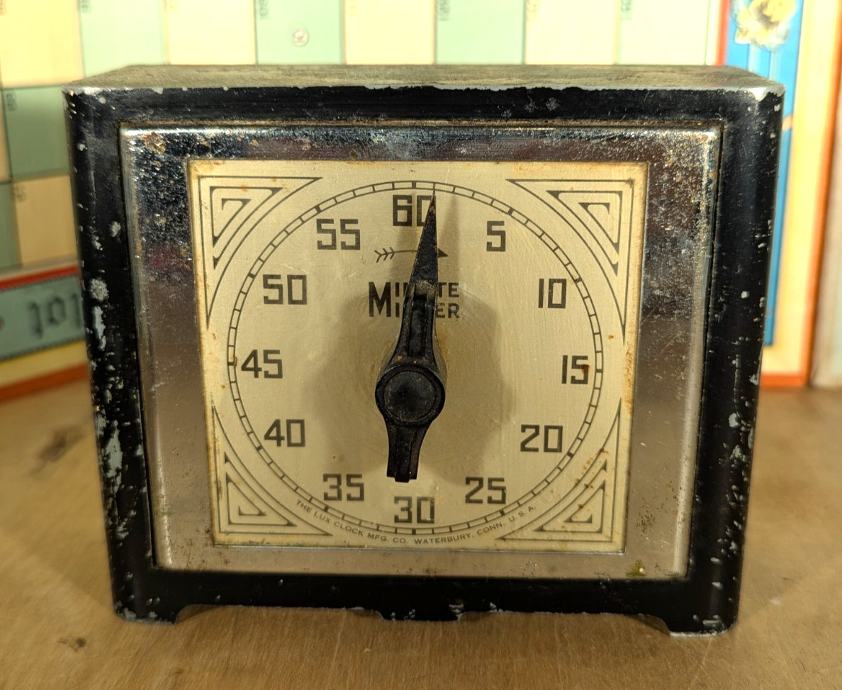 Vintage Minute Minder Lux Clock Mfg Co Kitchen Timer Art Deco Decor, Works