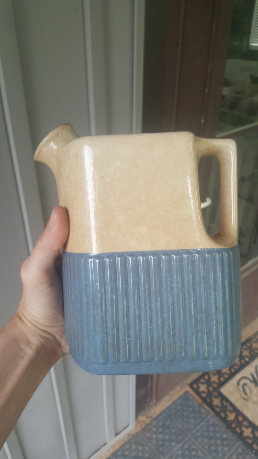 Antq Universal Potteries of Cambridge Primitive Refrigerator Water Pitcher Blue Antq Universal Potteries of Cambridge Primitive Refrigerator Water Pitcher Blue
