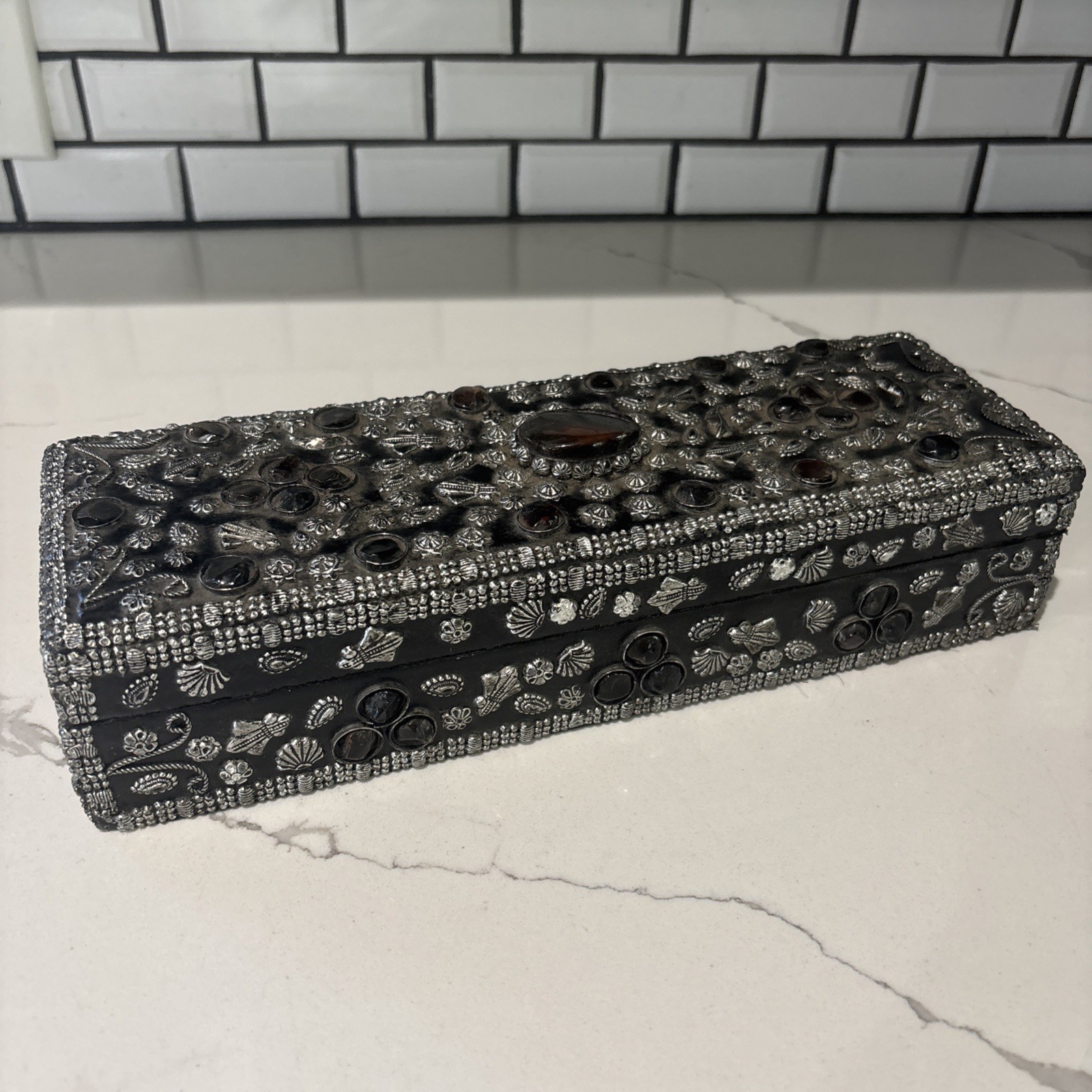 Vtg Moroccan Wedding Jewelry Box 12” Lg Inlaid Agate Stone Velvet Pristine