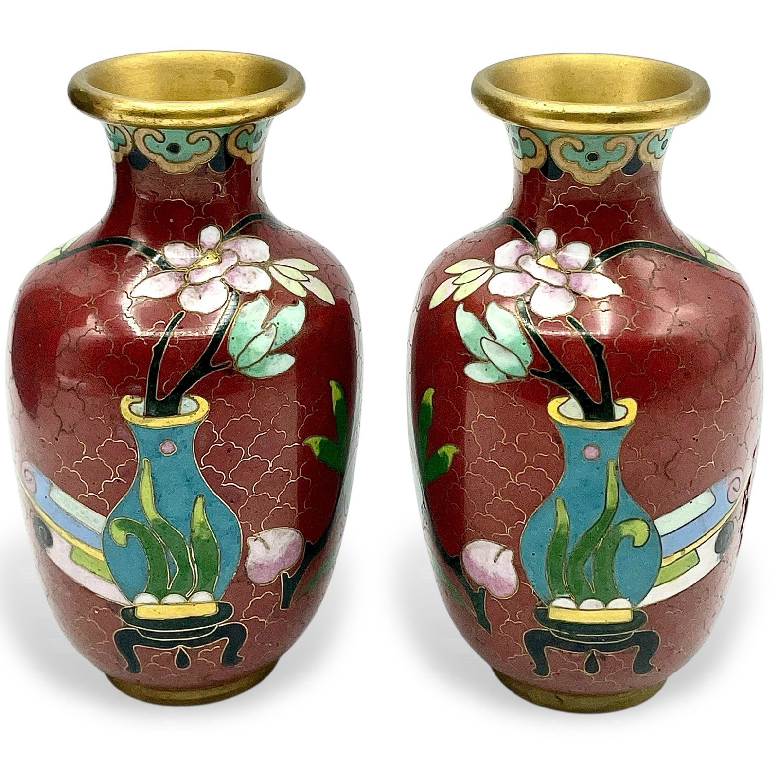 Vtg Pair Matching Brass Cloisonne MINI VASES Cinnamon Estate Collection ~ READ Vtg Pair Matching Brass Cloisonne MINI VASES Cinnamon Estate Collection ~ READ
