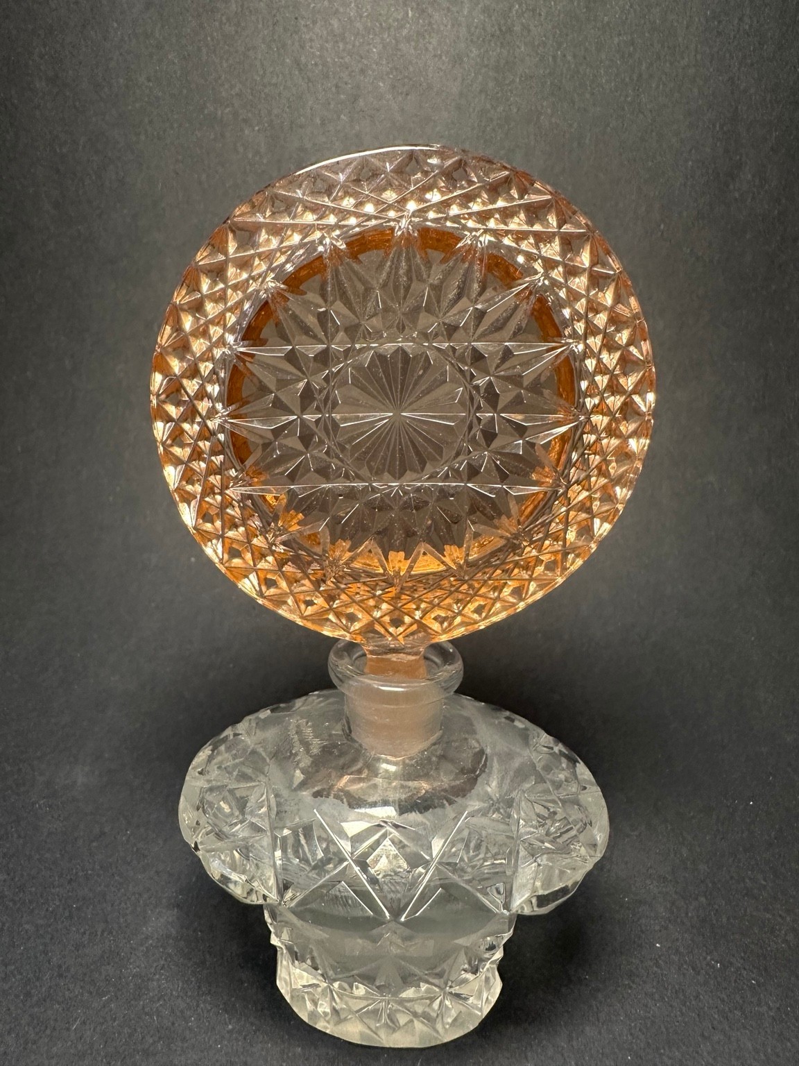 Vintage Glass Perfume Bottle Amber Peach Round Stopper Starburst Vanity 6in Vintage Glass Perfume Bottle Amber Peach Round Stopper Starburst Vanity 6in