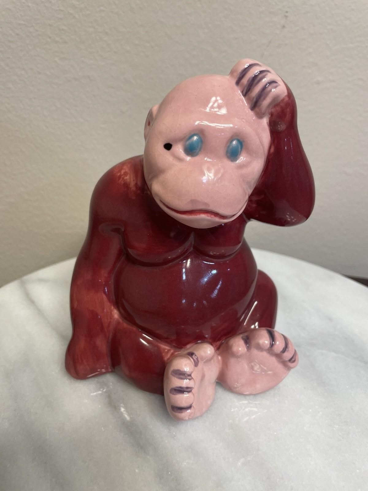VTG Bernard Moore Style Flambe Pink Red Ceramic Monkey Ape Art Pottery Figurine