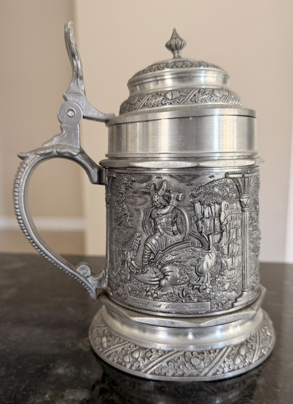 Vintage BMF Zinn German Pewter Beer Stein Siegfried Dragon Nibelungen Lidded Vintage BMF Zinn German Pewter Beer Stein Siegfried Dragon Nibelungen Lidded