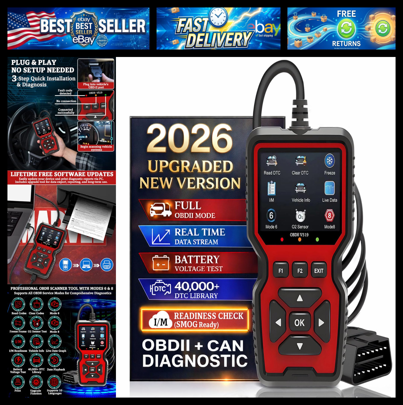 Professional OBD2 V519 Scanner - 2026 Upgraded OBDII + CAN Code Reader, Live Dat