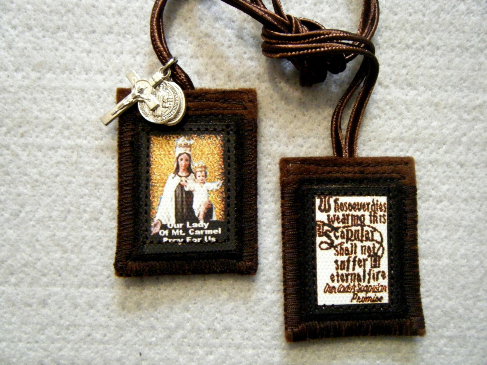Gold Our Lady of Mt. Carmel Brown Scapular 100%Wool Handmade in USA Gold Our Lady of Mt. Carmel Brown Scapular 100%Wool Handmade in USA