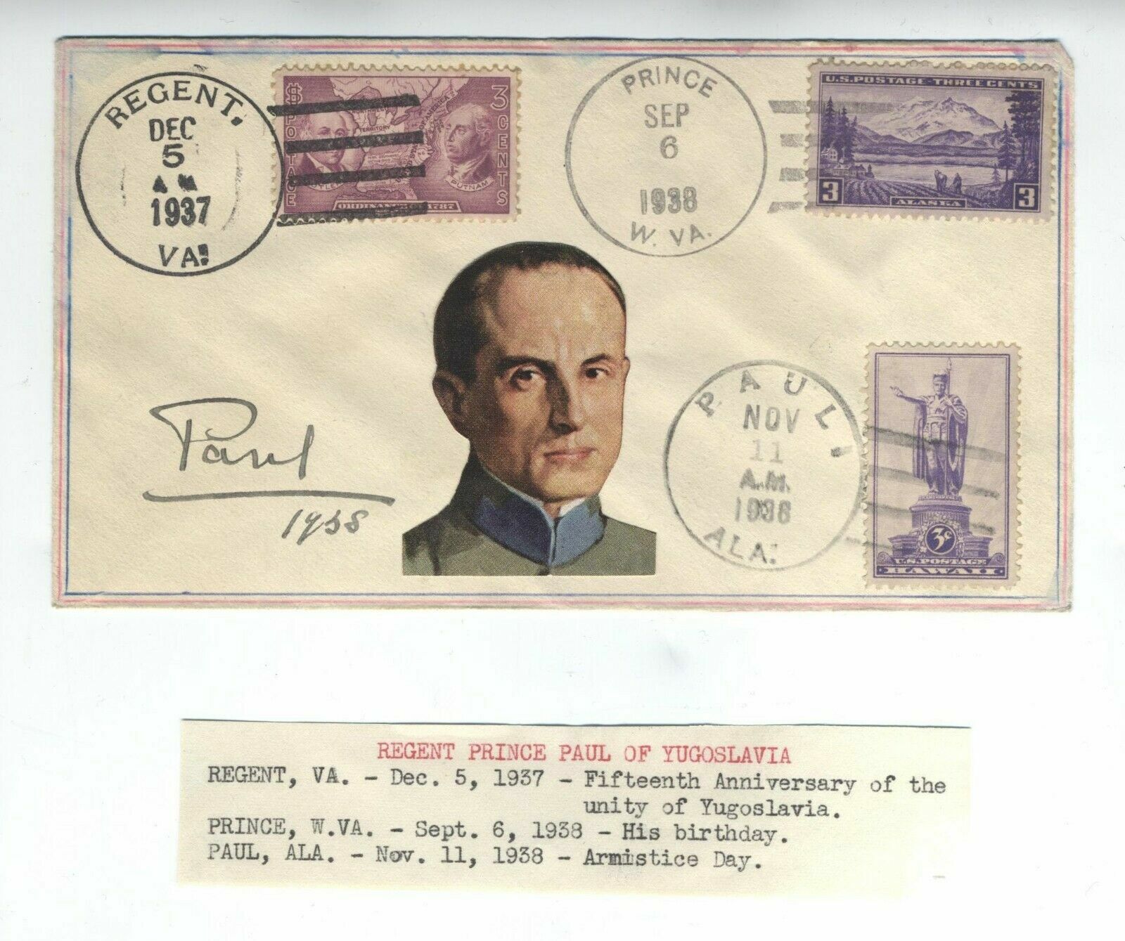 1938 PRINCE PAUL OF YUGOSLAVIA AUTOGRAPH Павле Карађорђевић  EXILED ORIGINAL