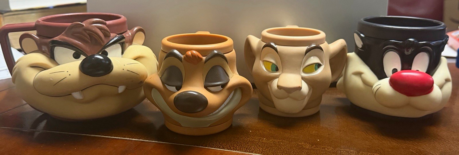 Vintage 1992 Looney Tunes Disney 3D Mugs Lot of 4 Taz Sylvester Timon Nala