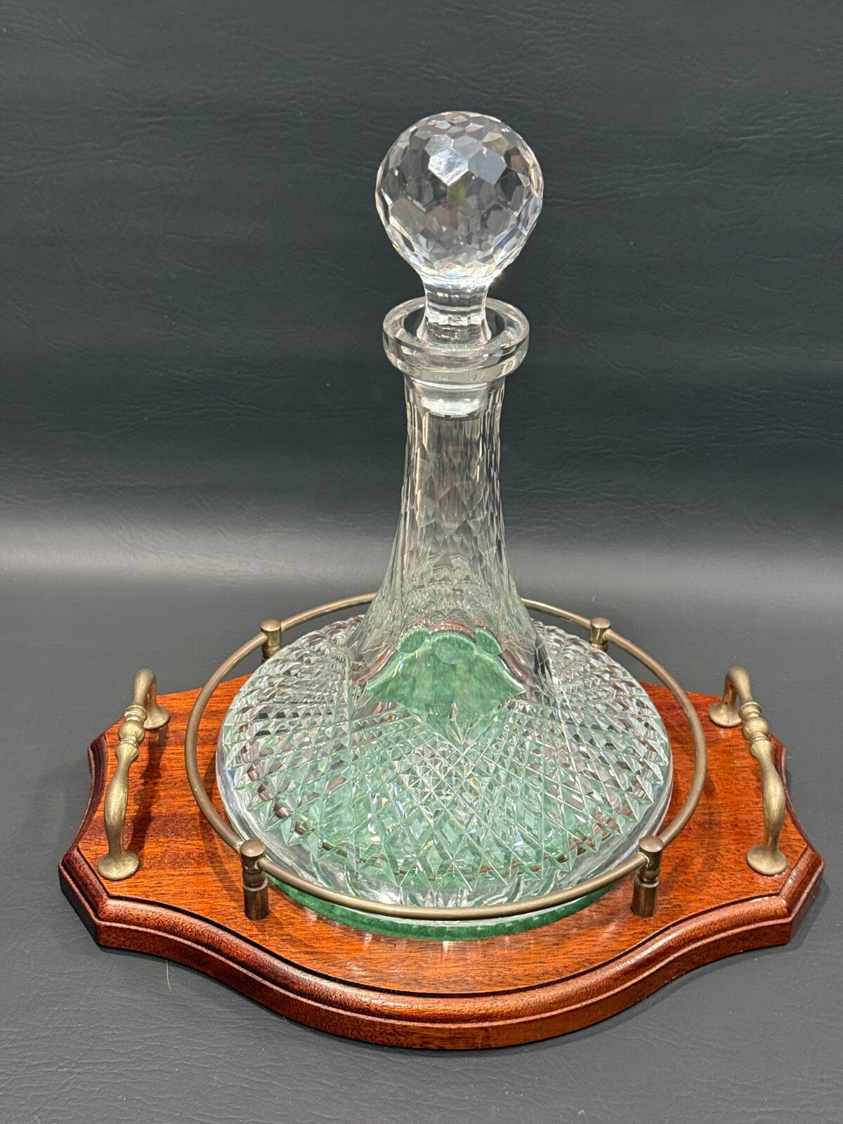Vintage Very Rare Kilkenny Cut Glass Ship's Decanter with Stopper & Wooden Tray
