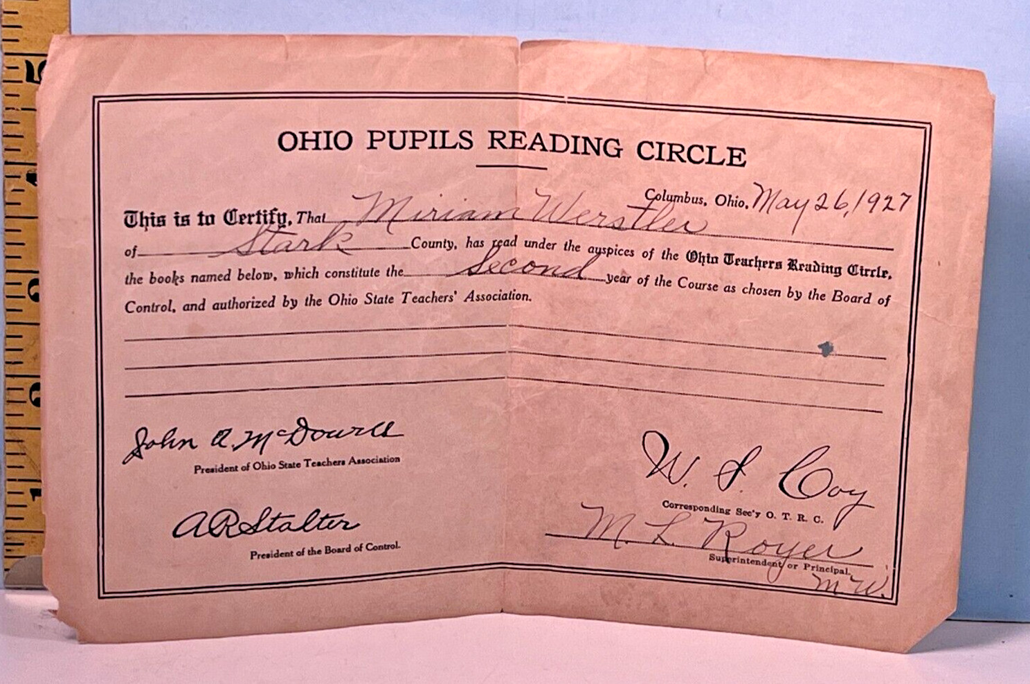 1927 Columbus Ohio Pupils Reading Circle 2nd Grade Teachers Certificate 1927 Columbus Ohio Pupils Reading Circle 2nd Grade Teachers Certificate