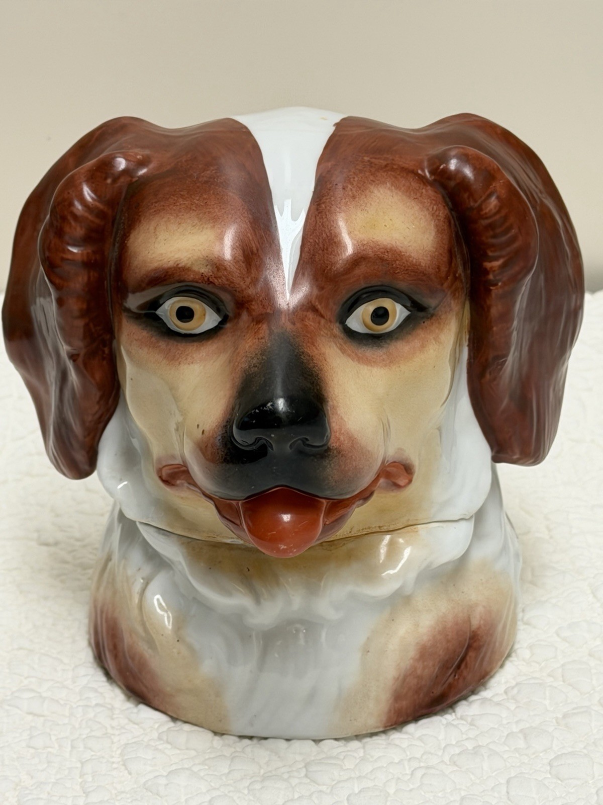 ANTIQUE MAJOLICA FIGURAL SPANIEL DOG HEAD PORCELAIN TOBACCO HUMIDOR JAR AS FOUND
