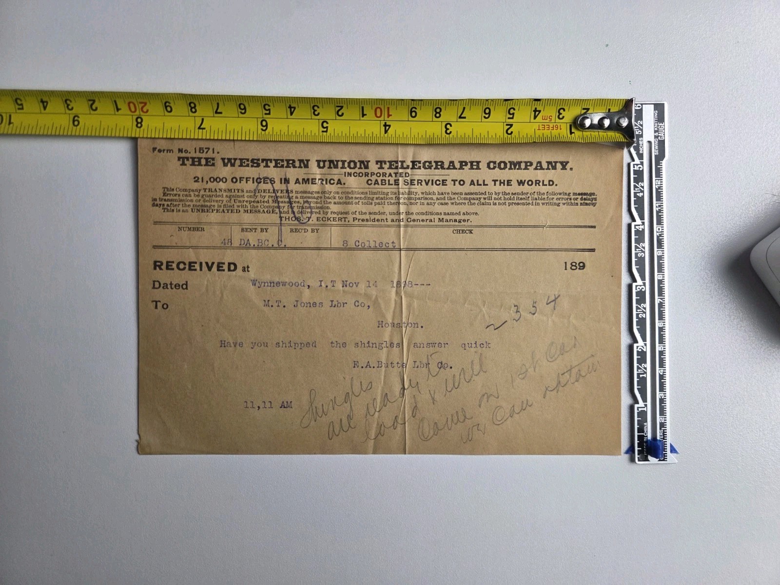 1898 Western Union Telegram Wynnewood I.T. Houston Texas Lumber Co Antique
