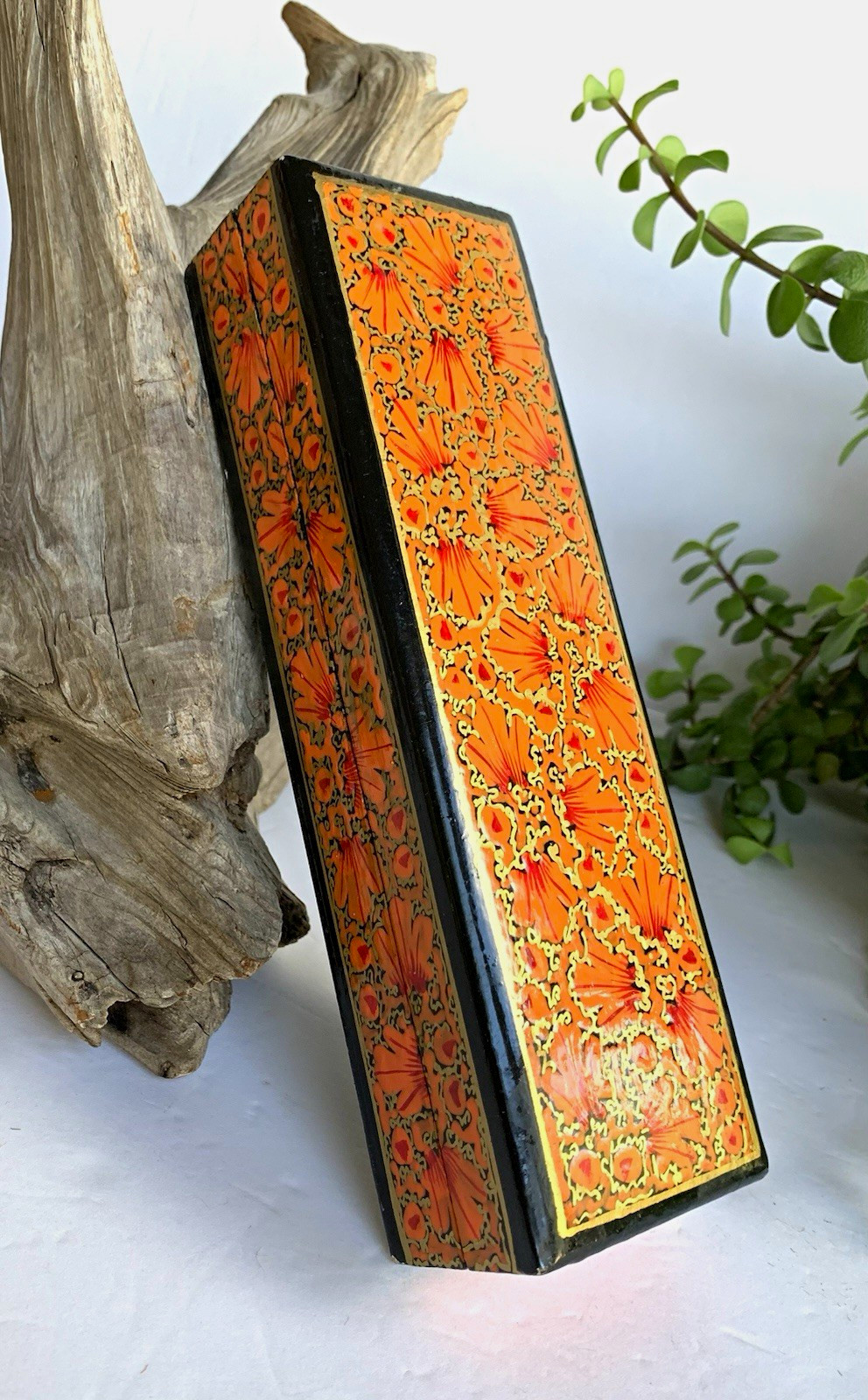Vintage Handpainted Kashmiri TANGERINE Gold Long Rectangle Box Gift Trinkets Vintage Handpainted Kashmiri TANGERINE Gold Long Rectangle Box Gift Trinkets