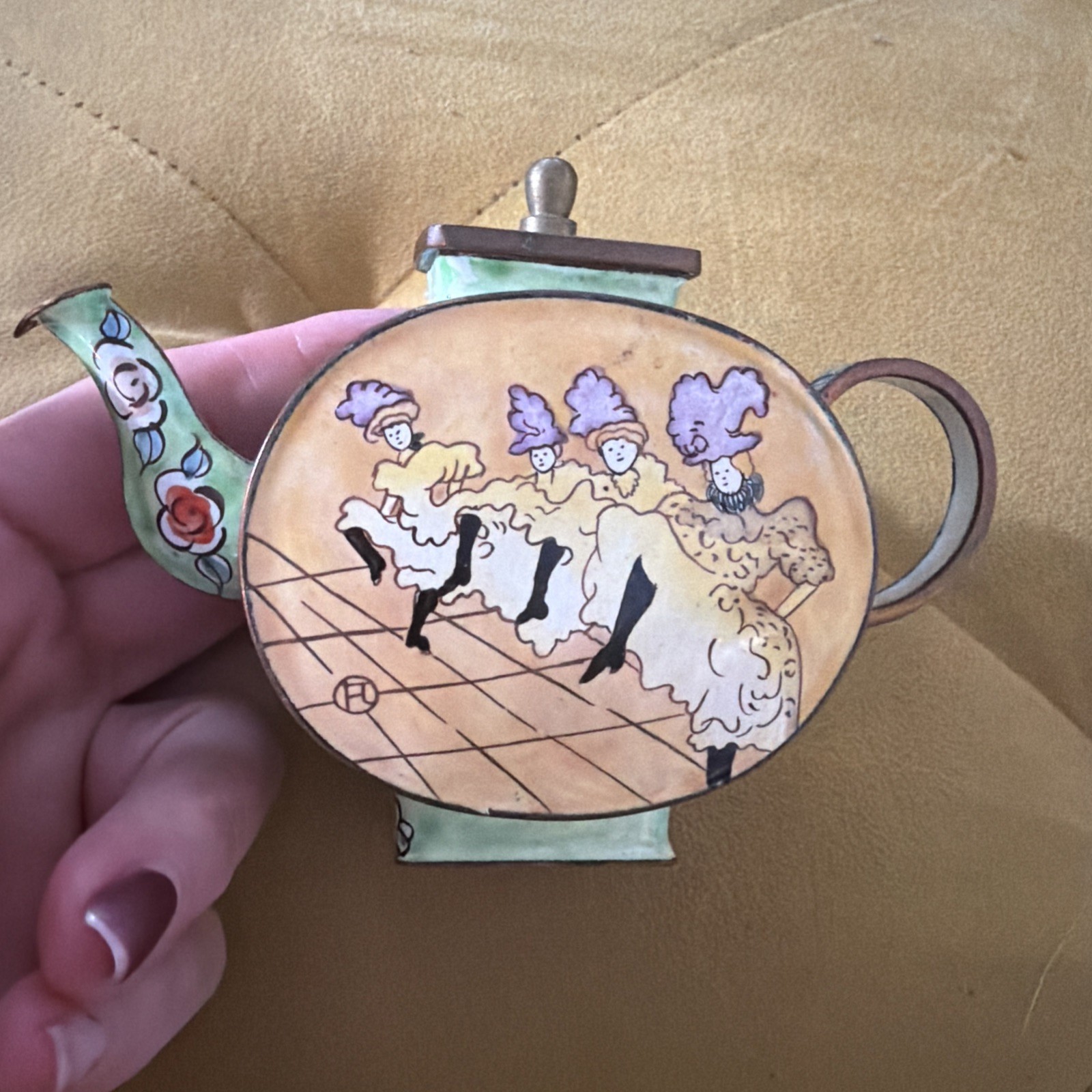 VTG Kelvin Chen Miniature Enamel on Copper Teapot Can-Can dancers motif 2001