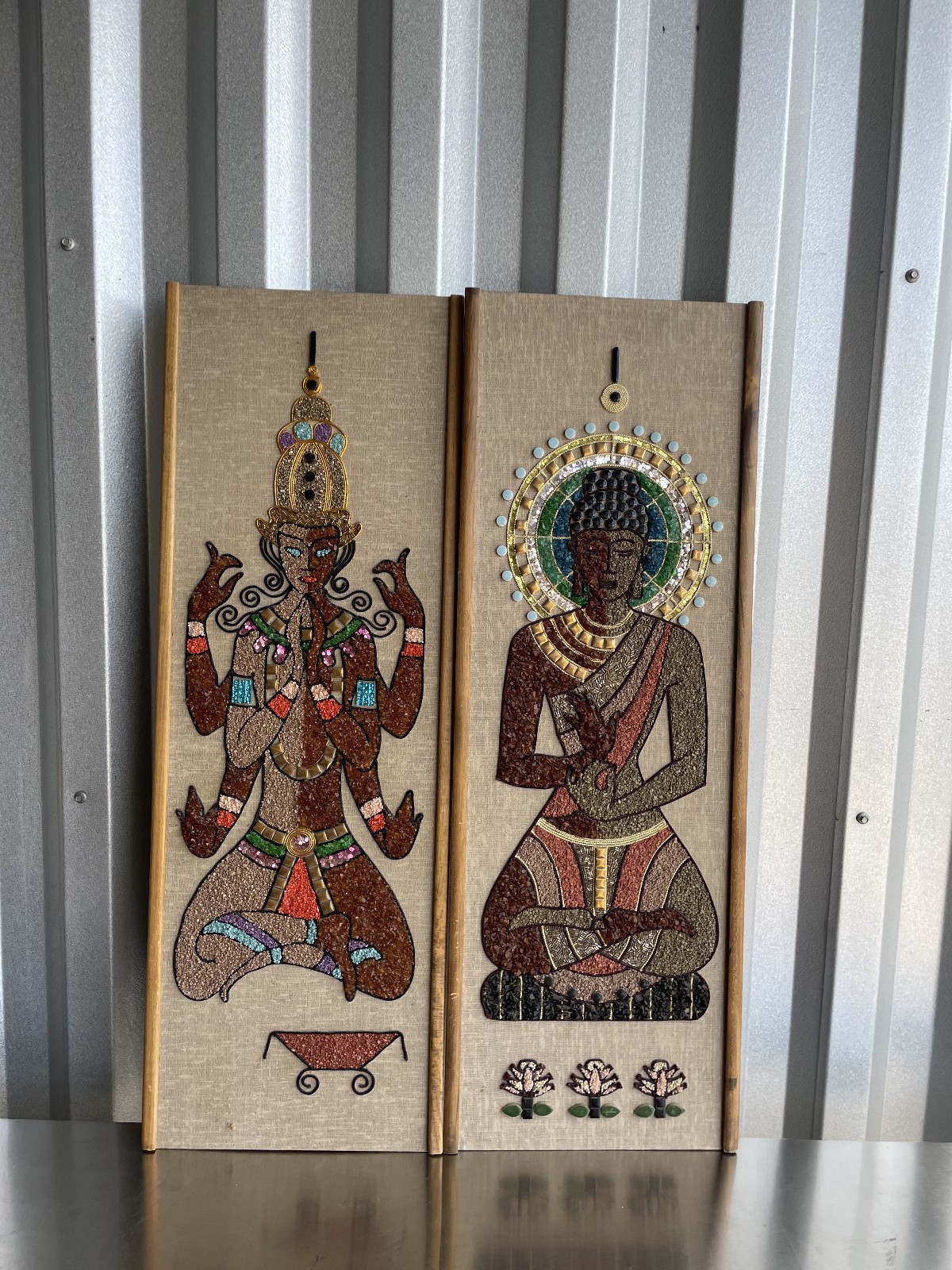 MCM Buddha & Shiva Gravel & Pebble Jewel Textured Art Wall Hanging Vintage