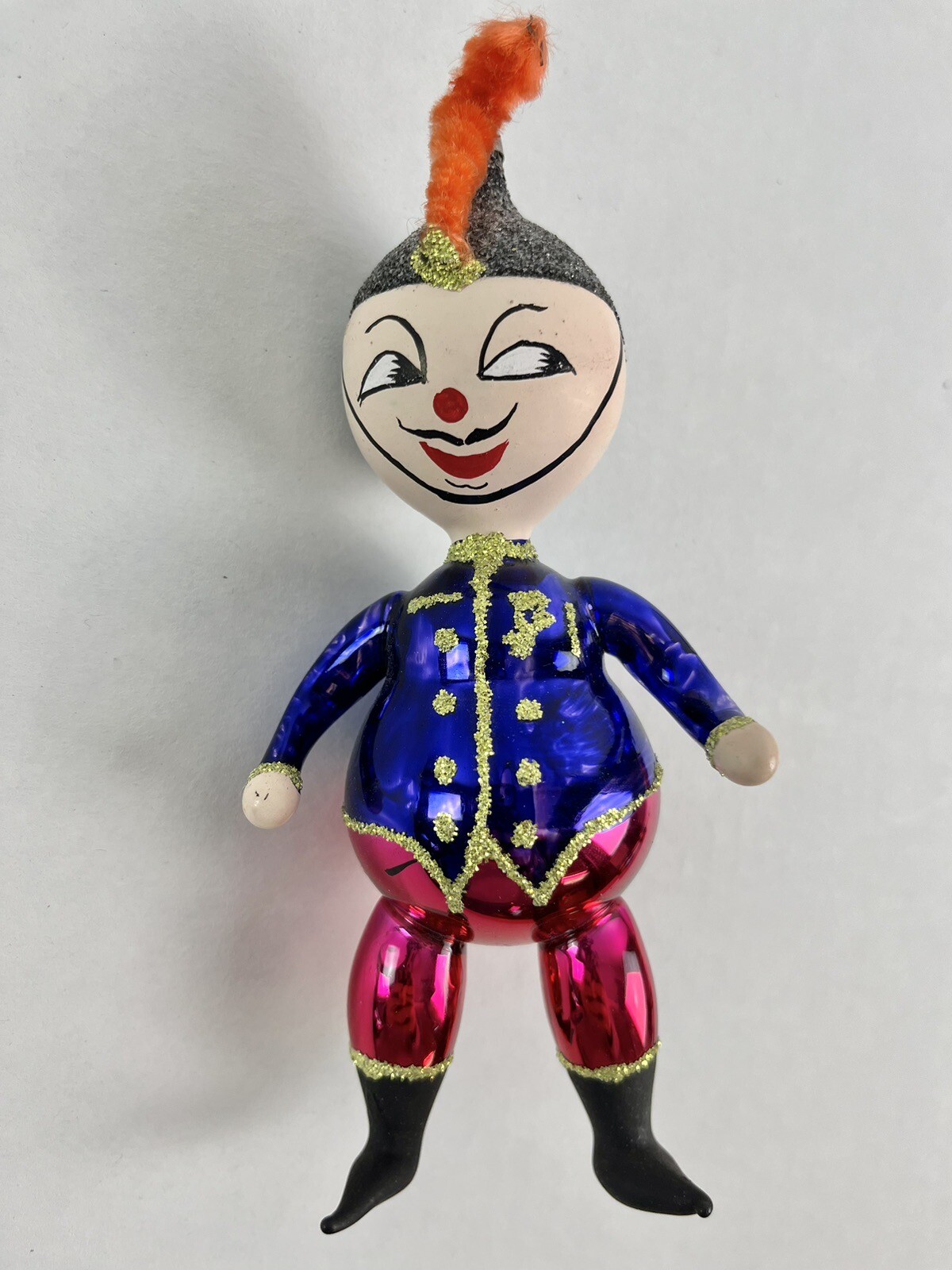 Vtg Italian Soldier, Feather Hat Glass Christmas Ornament Blue Jacket