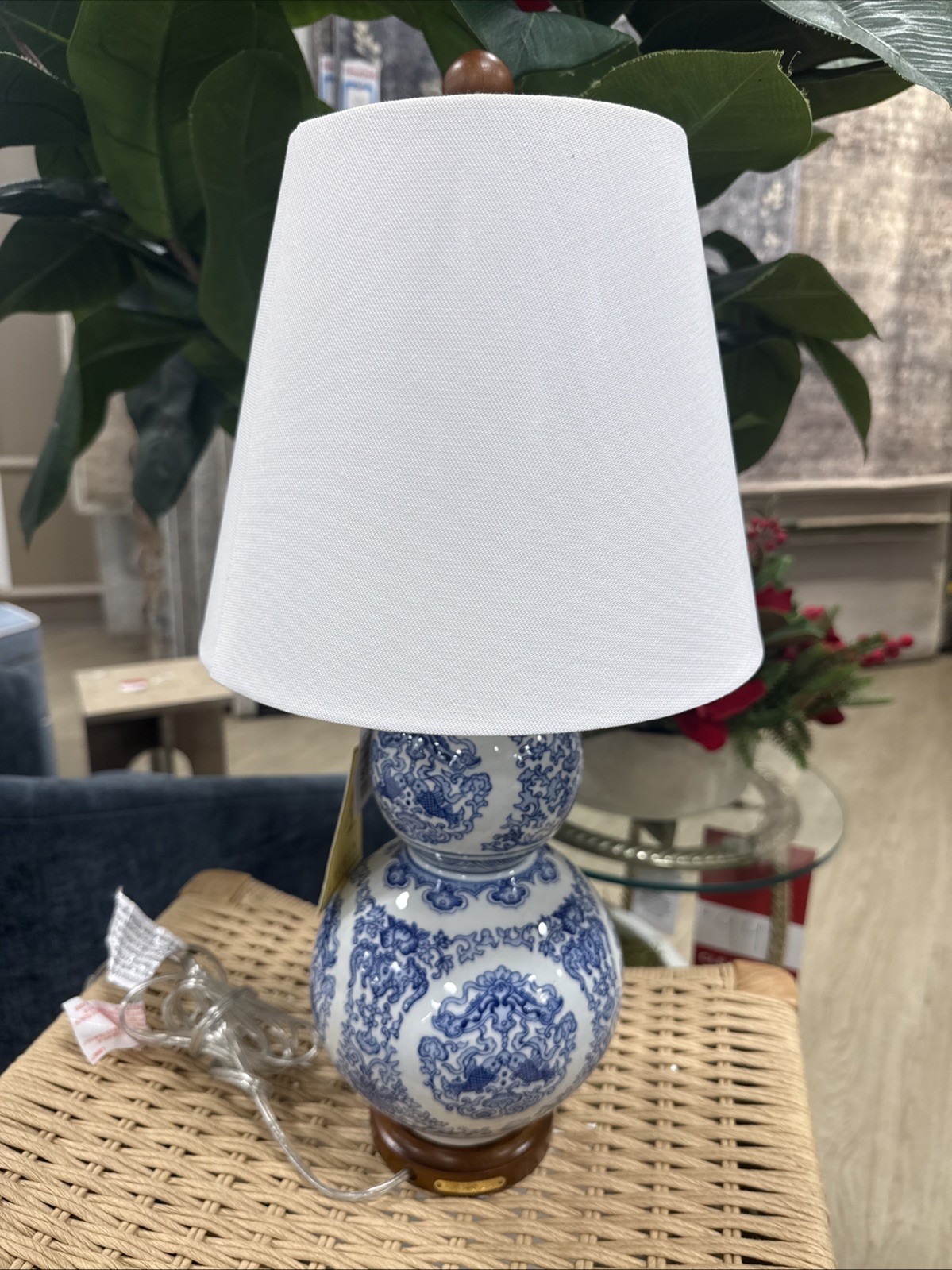 Ralph Lauren Porcelain Blue Asian Koi Fish Double Gourd Table Lamp 20” New~