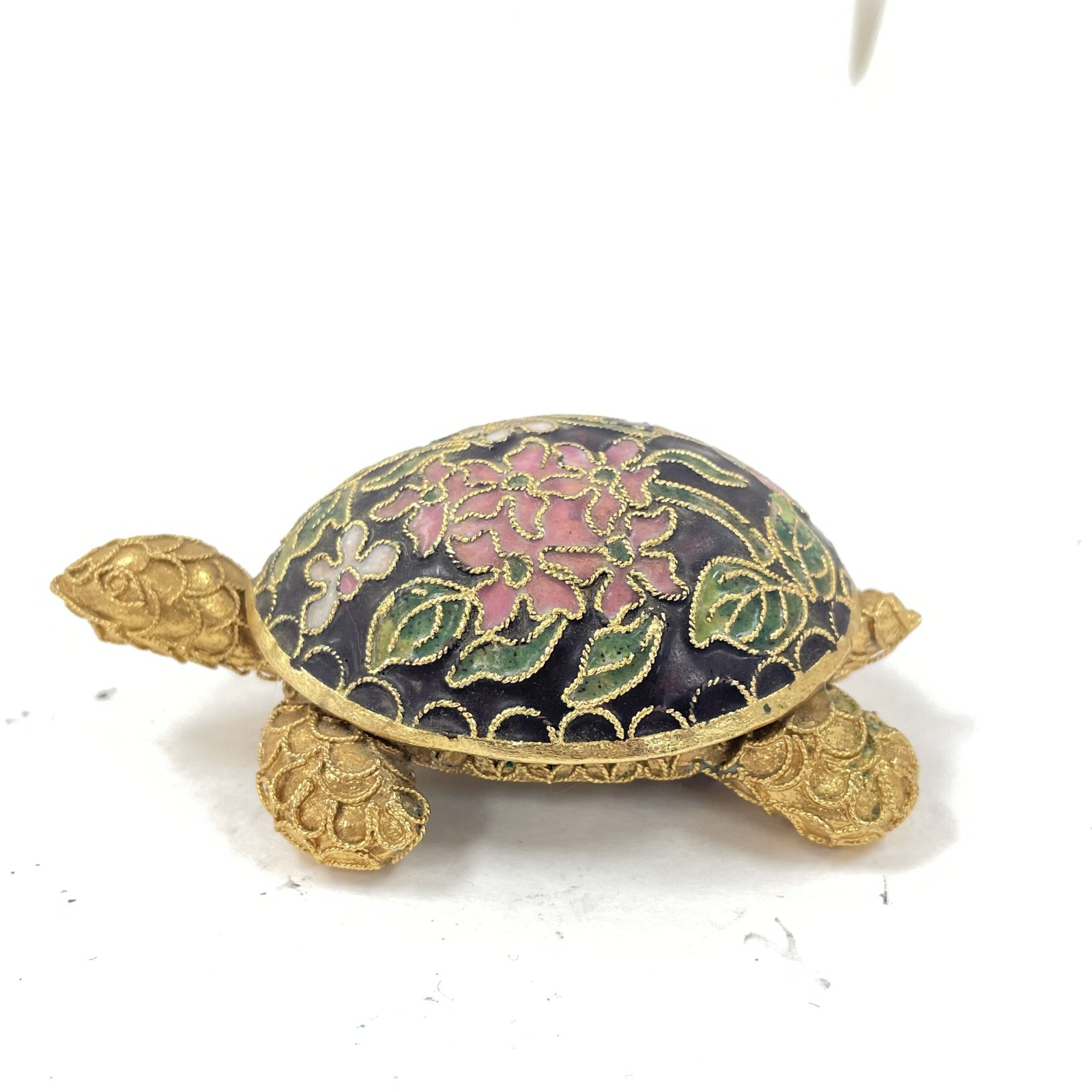 Vintage Cloisonne Enamel Turtle Trinket Box Gold Tone Floral Design