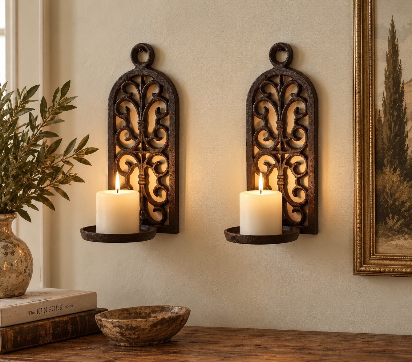 Pair Vintage Spanish Black Cast Iron Wall Sconces Metal Scroll Candle Holder 10”